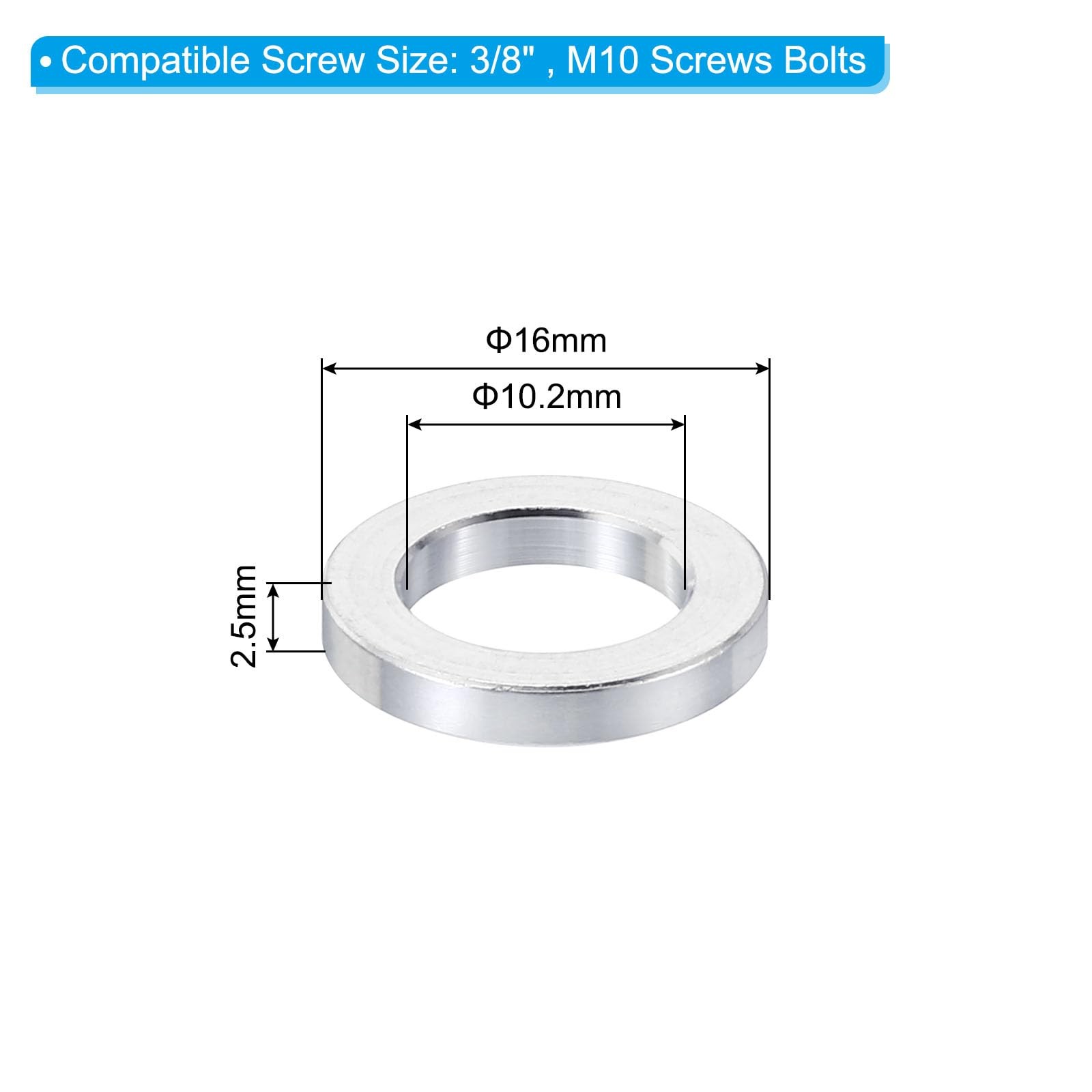 PATIKIL M10 Aluminum Spacers, 10 Pcs 10.2mm ID x 16mm OD x 2.5mm L, Silver