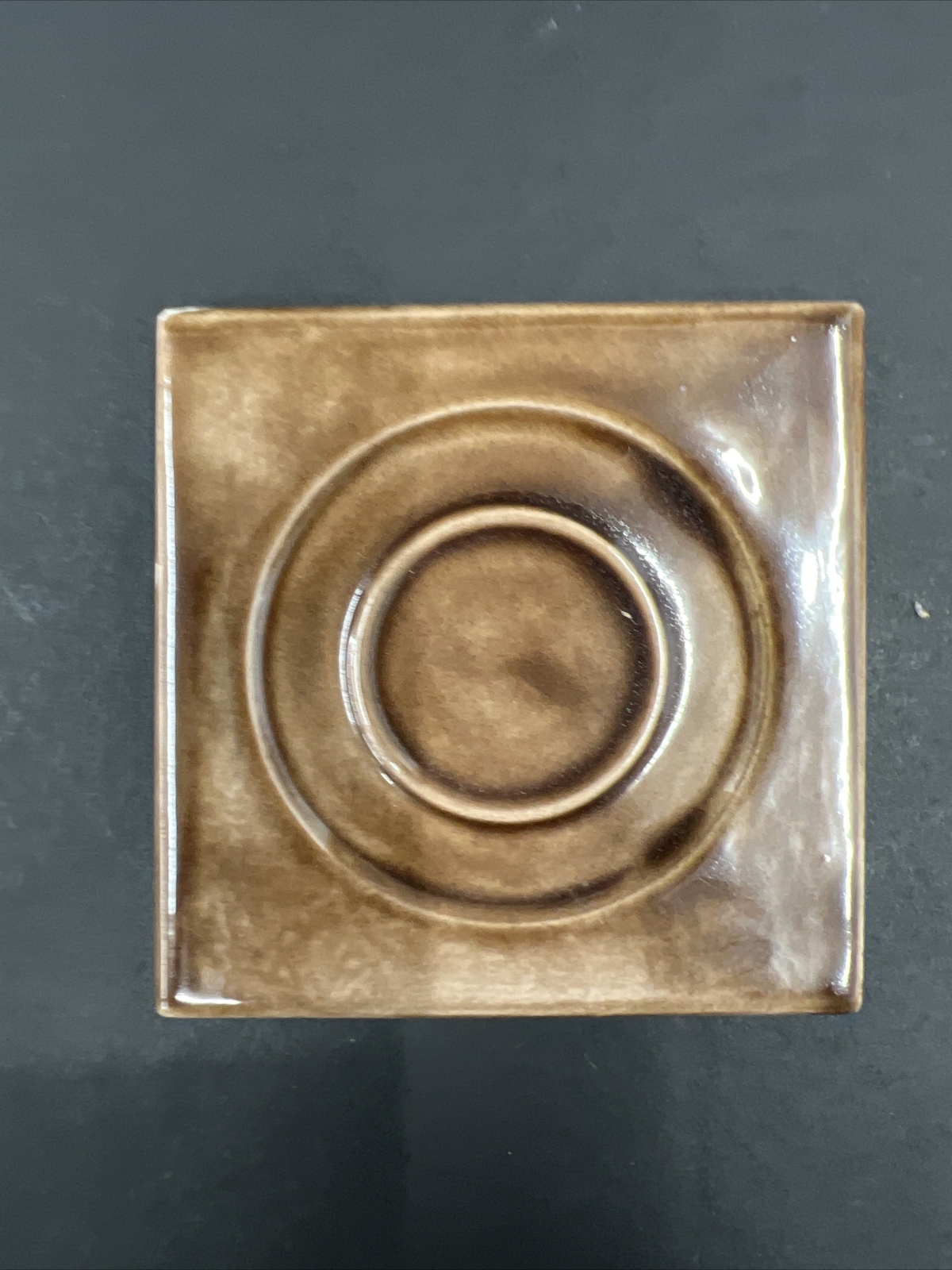 4 – Vintage Brown Ceramic Tile 2 7/8” Square 3/8” Thick Recessed Circles