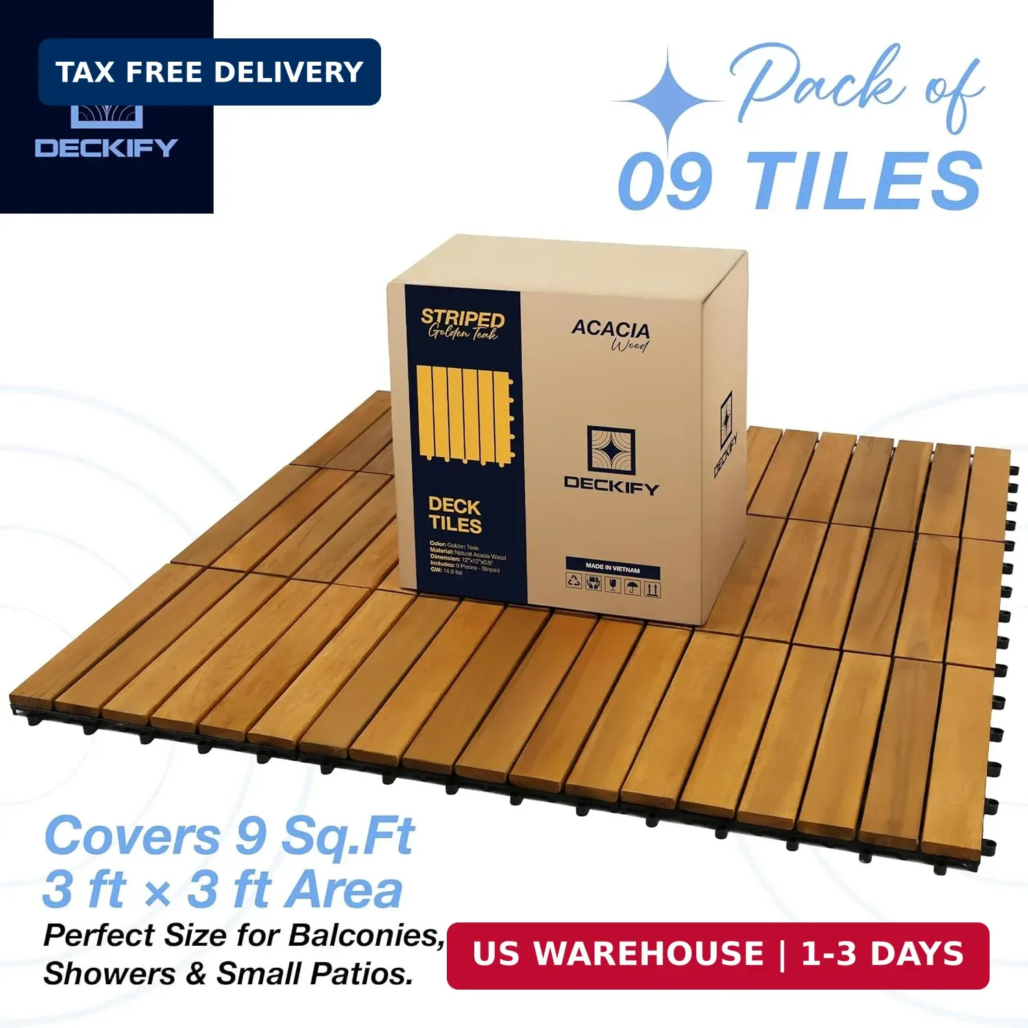9Pcs Premium Acacia Wood Interlocking Patio Deck Tiles, 12 x 12 x 0.9 Inch Outdo
