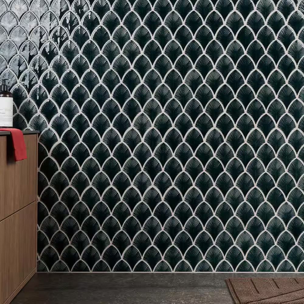 Delphi Midnight Blue 9.05 In. X 12.79 In. Polished Glass Fishscale Mosaic Wall T