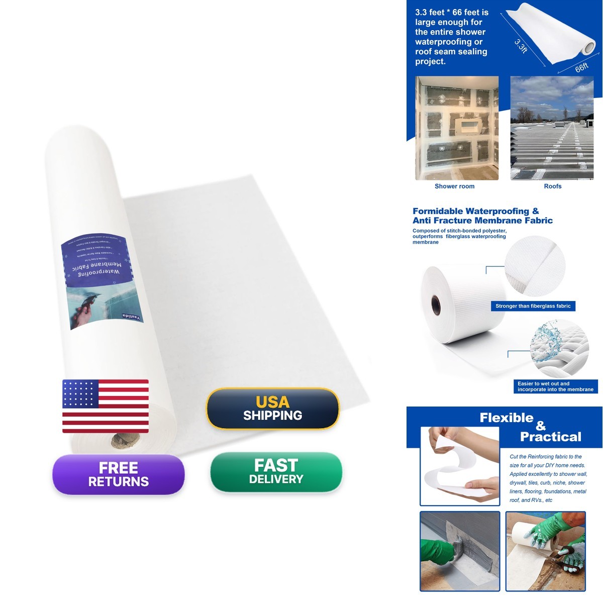 Yaxtida 3.3 Ft X 66 Ft Waterproofing Membrane Fabric Reinforcing Anti Fracture
