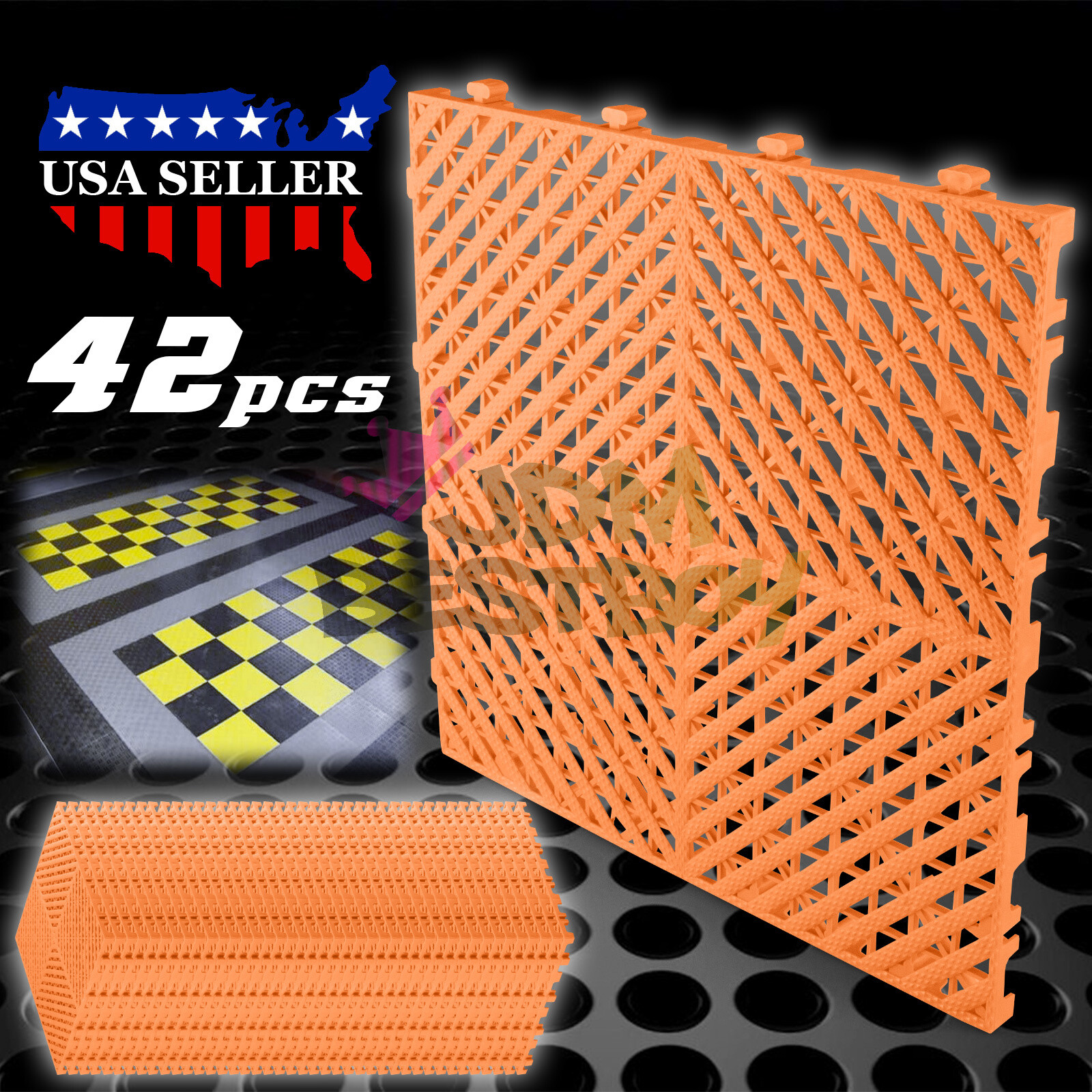 42pcs 16″x16″ Orange Garage Floor Mat Perforated Flooring Tile Shop Interlocking