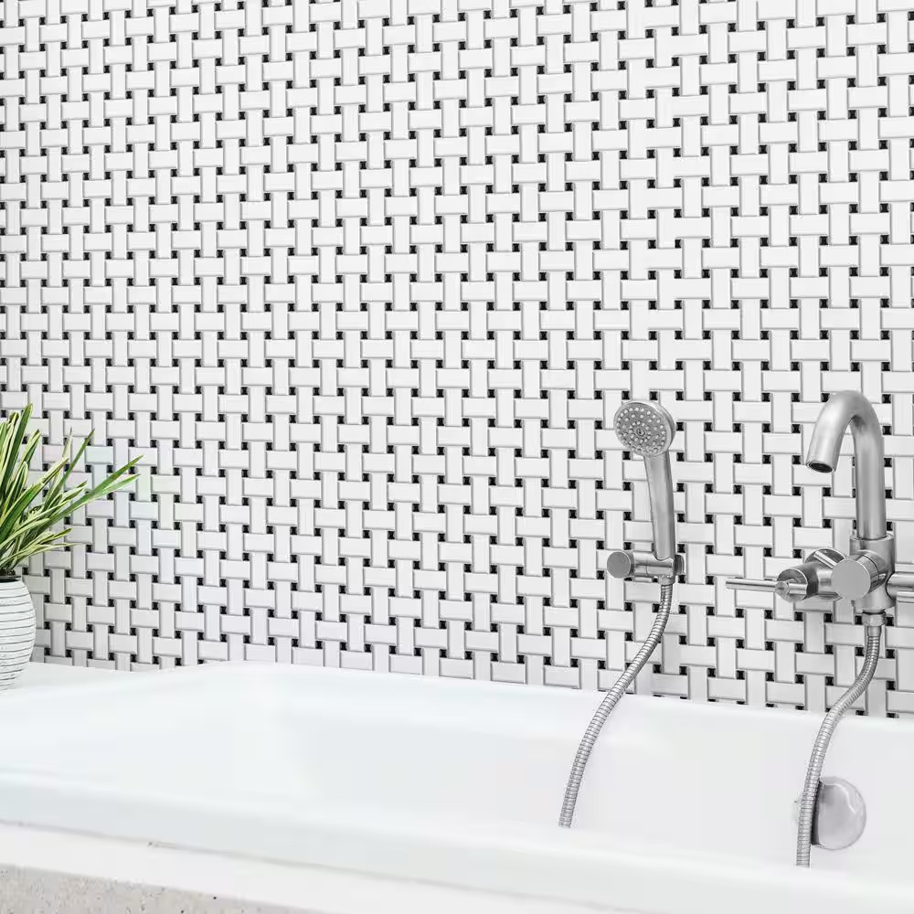 Metro Basketweave White with Black Dot 11-3/4 In. X 11-3/4 In. Porcelain Mosaic