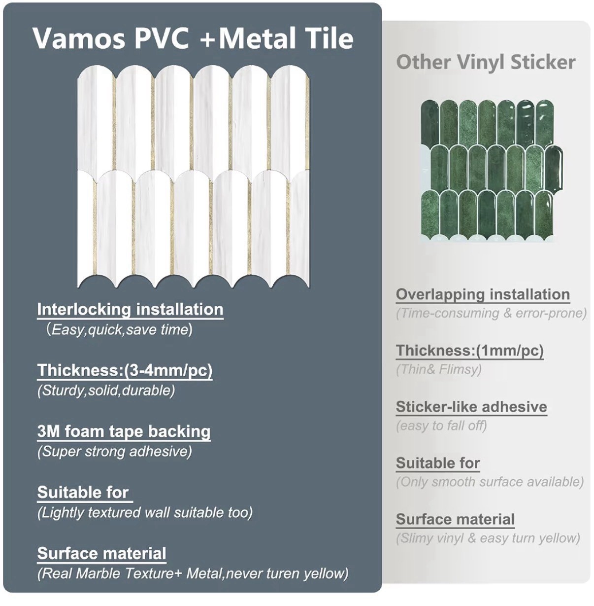 Vamos Peel-and-Stick Marble-Look Wall Tile 10pk Interlocking 11.9×10.8