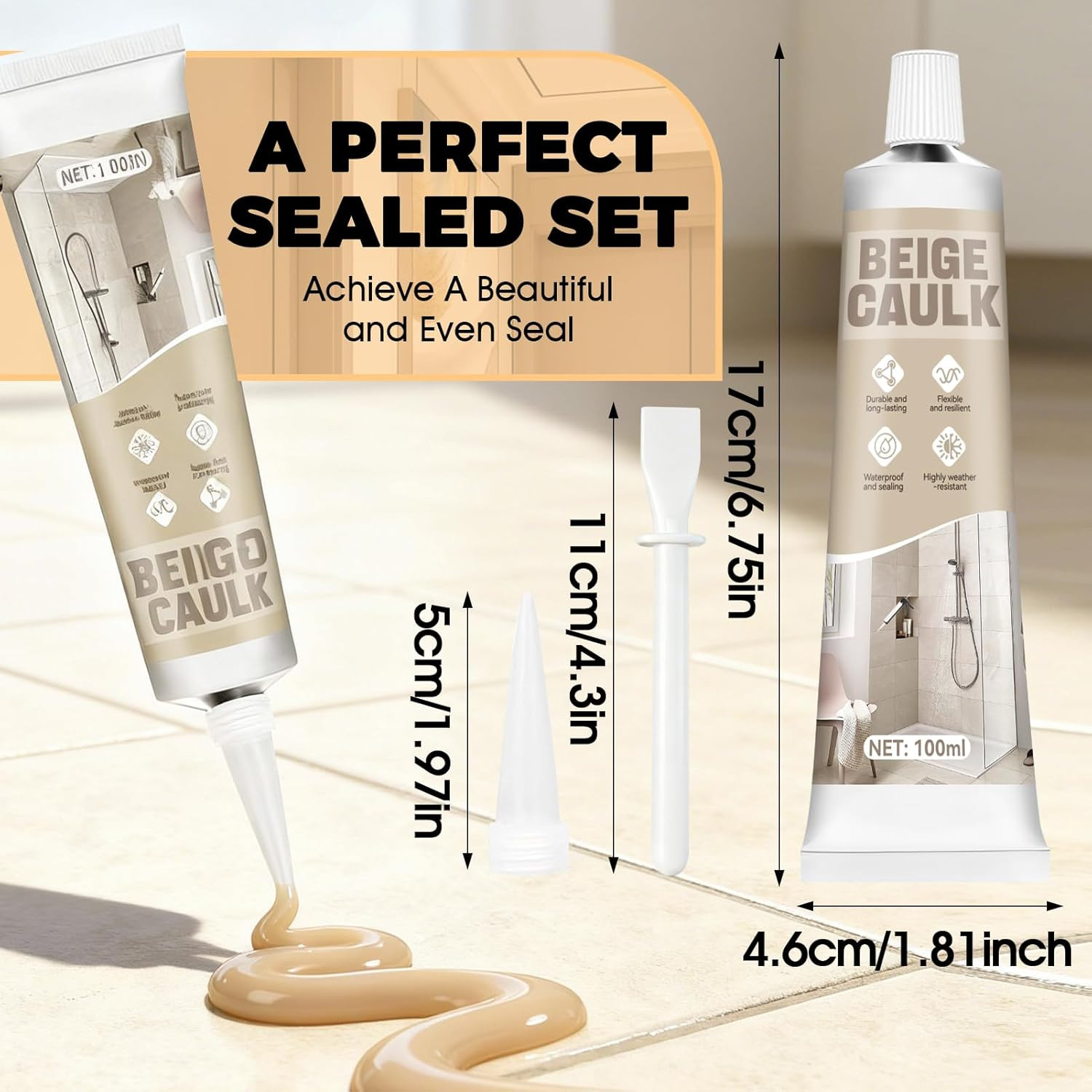 Beige Caulk, Silicone Caulk for Bathroom Shower Kitchen Tile Floor Sealing, Wate