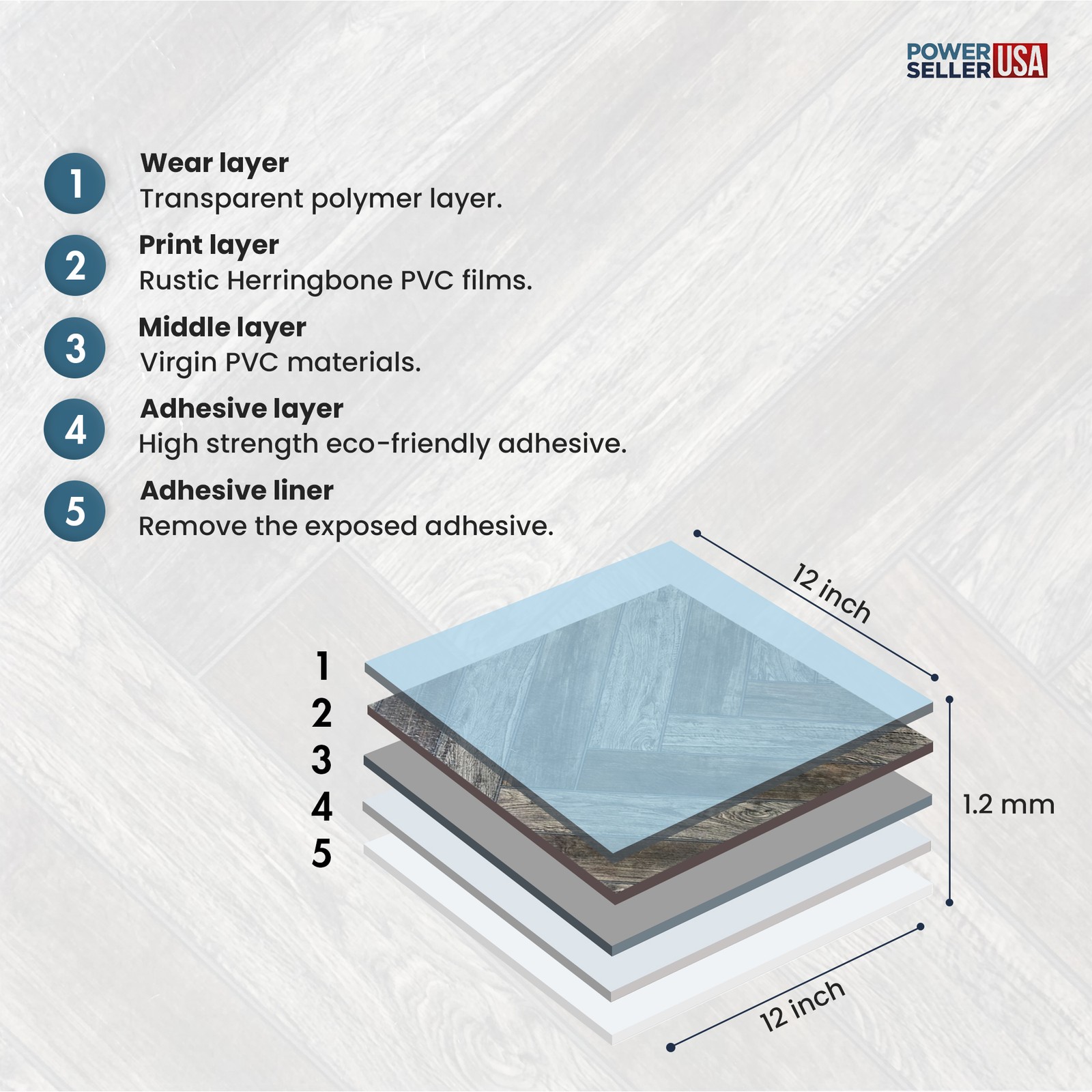 PowerSellerUSA Vinyl Self Adhesive Floor Tiles 20 PCS 12″ x 12″, Herringbone