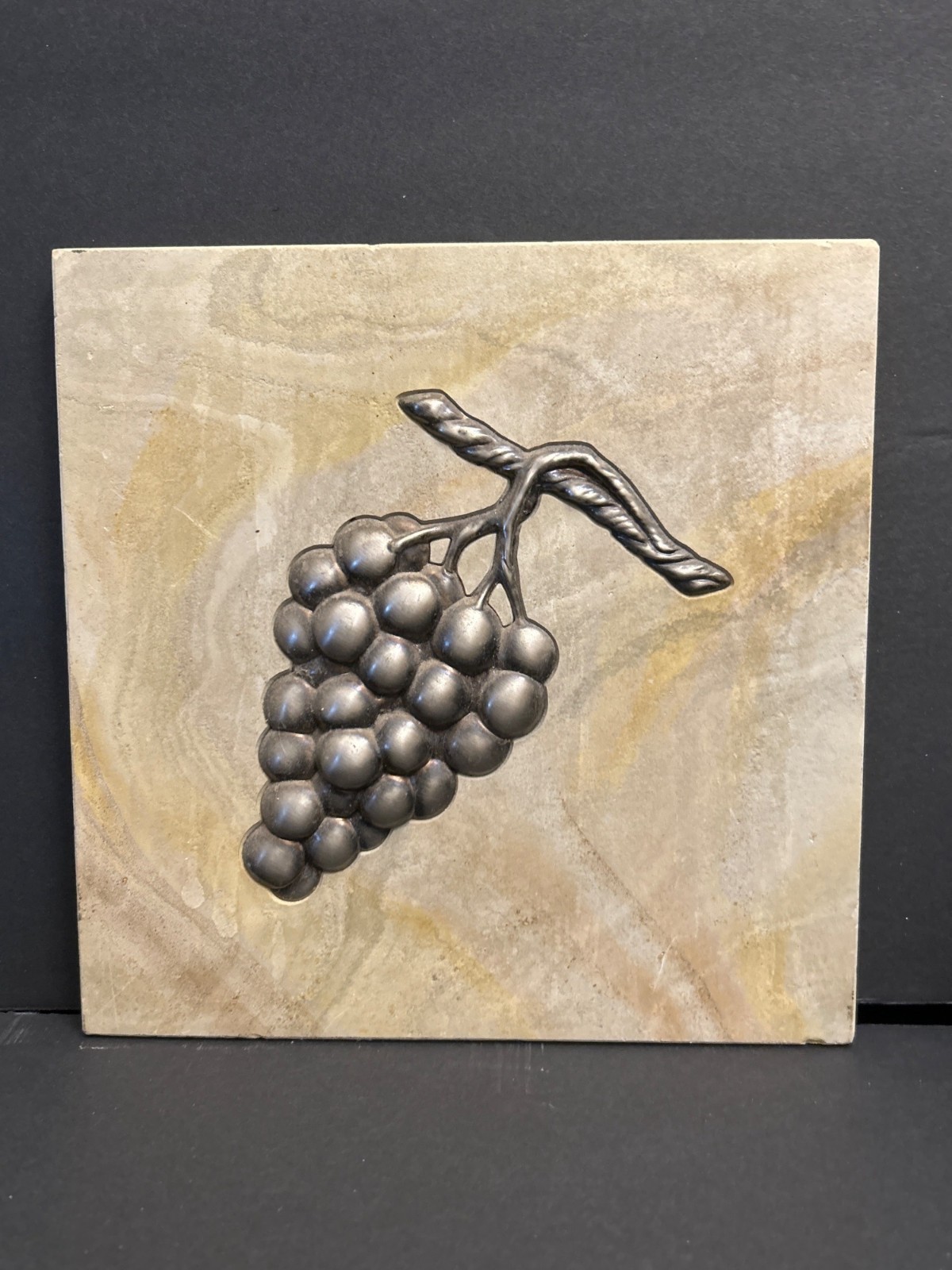Marble with Inlaid Metal Grapes SET of 2 Designer 8″ x 8” Accent Tiles Tan Lot