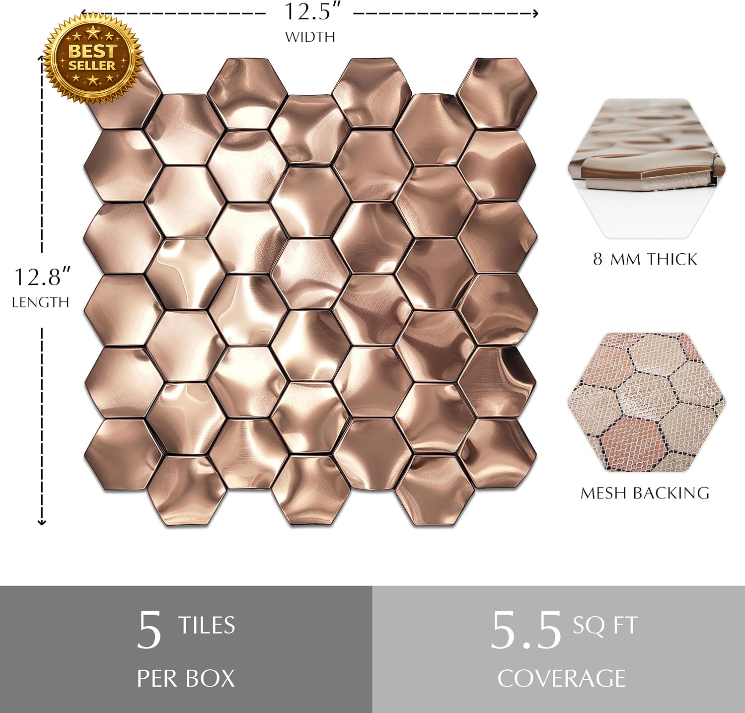 Hexagon 3D Wall Panels Bathroom Backsplash Tile Copper Metal Wall Mosaic Tiles