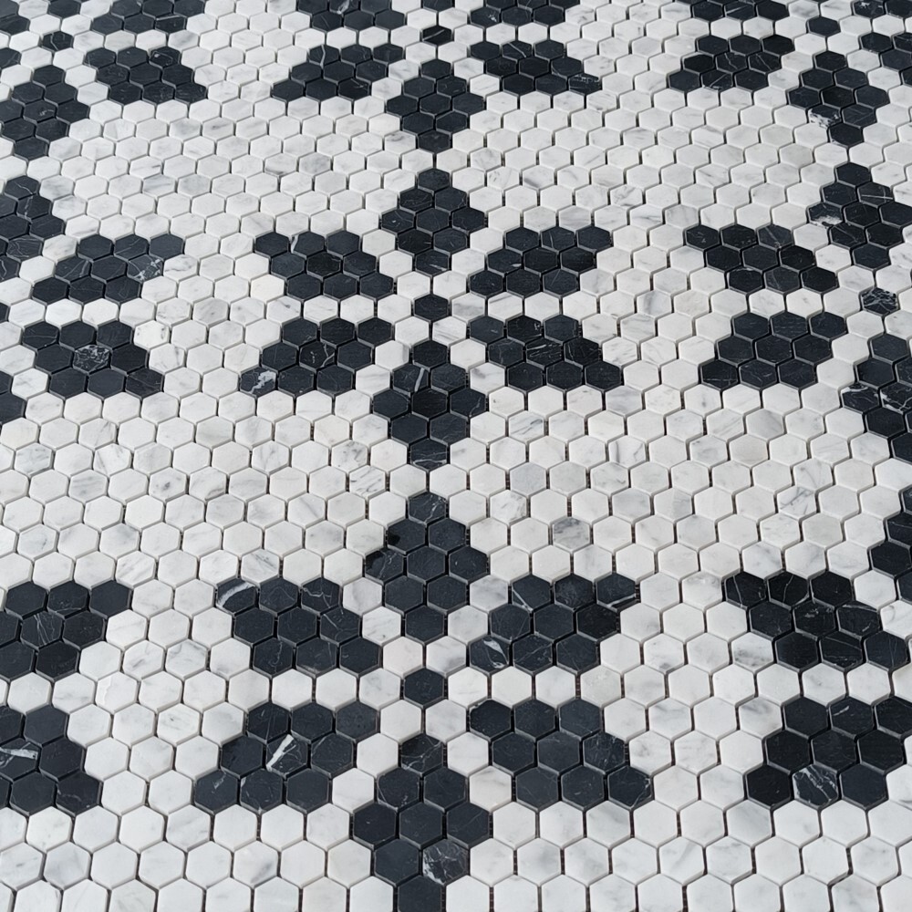 C31FAXH Carrara White Marble Hexagon Ice Crystal Mosaic Tile Marquina Black