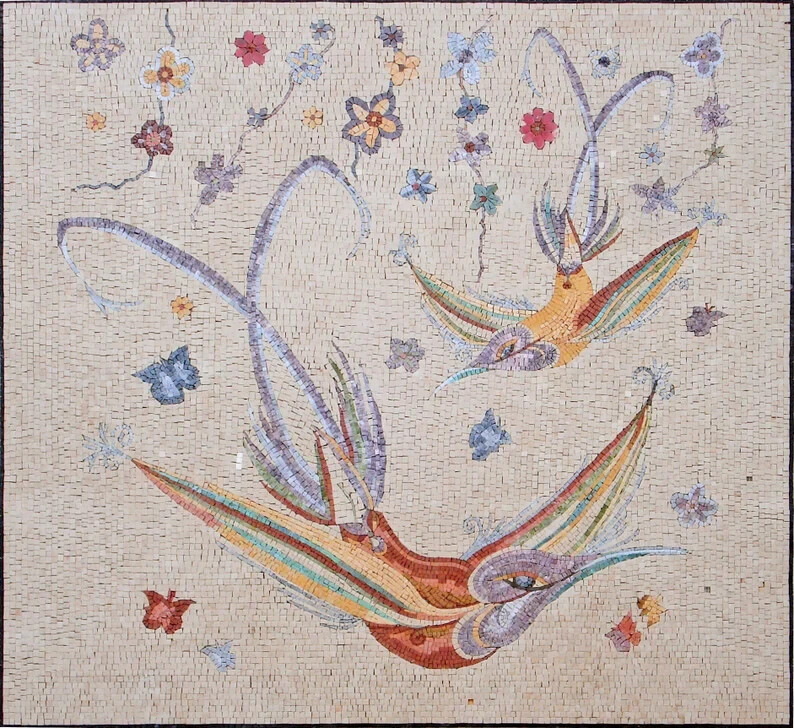Fun and bright, this handcrafted mosaic will bring color to any space. Two birds
