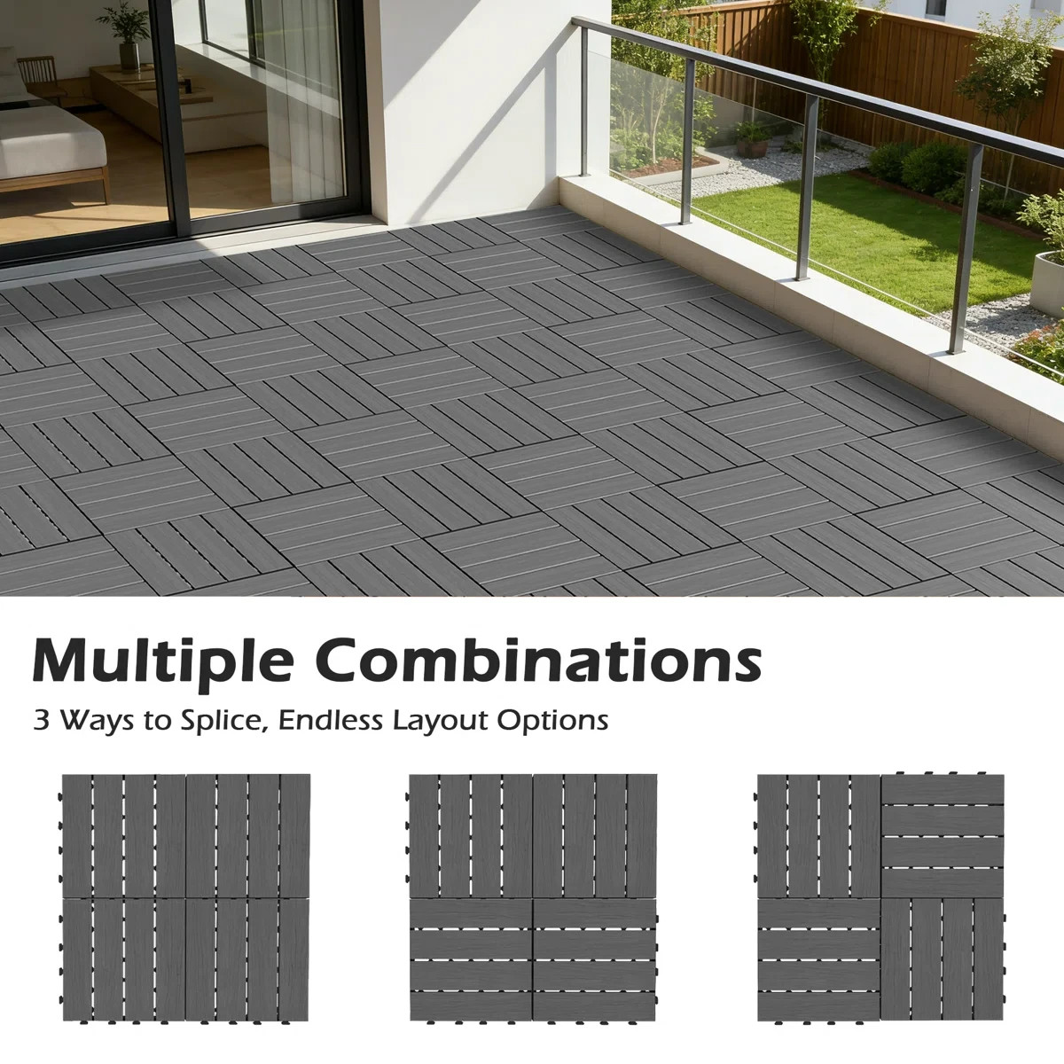 44Pcs HDPE Interlocking Deck,Waterproof Snap-Together w/Drainage Design,Grey