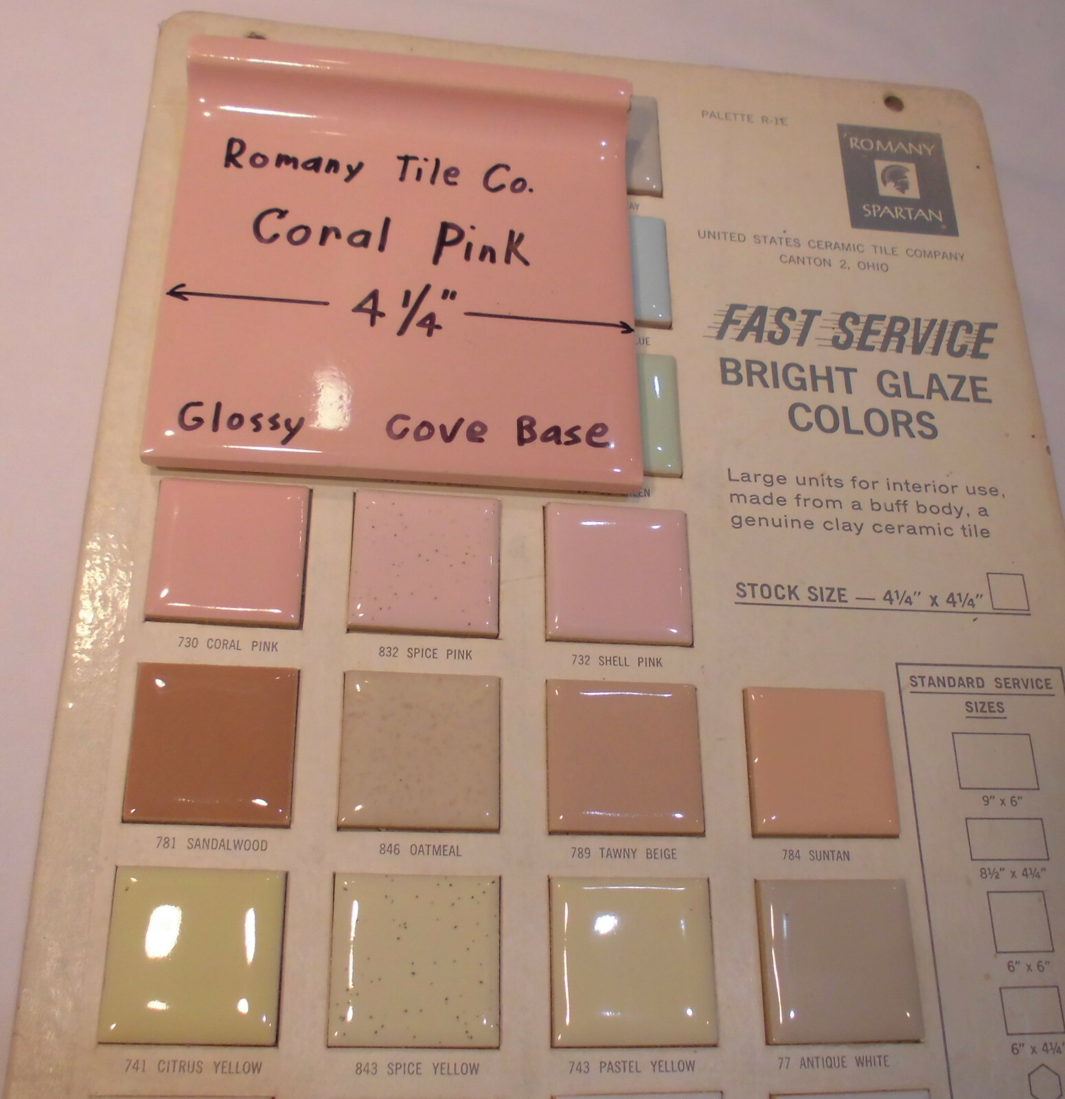 1pc. *Coral Pink* 4-1/4″ Glossy Ceramic Cove Base Tile; Romany Co. Flat Top