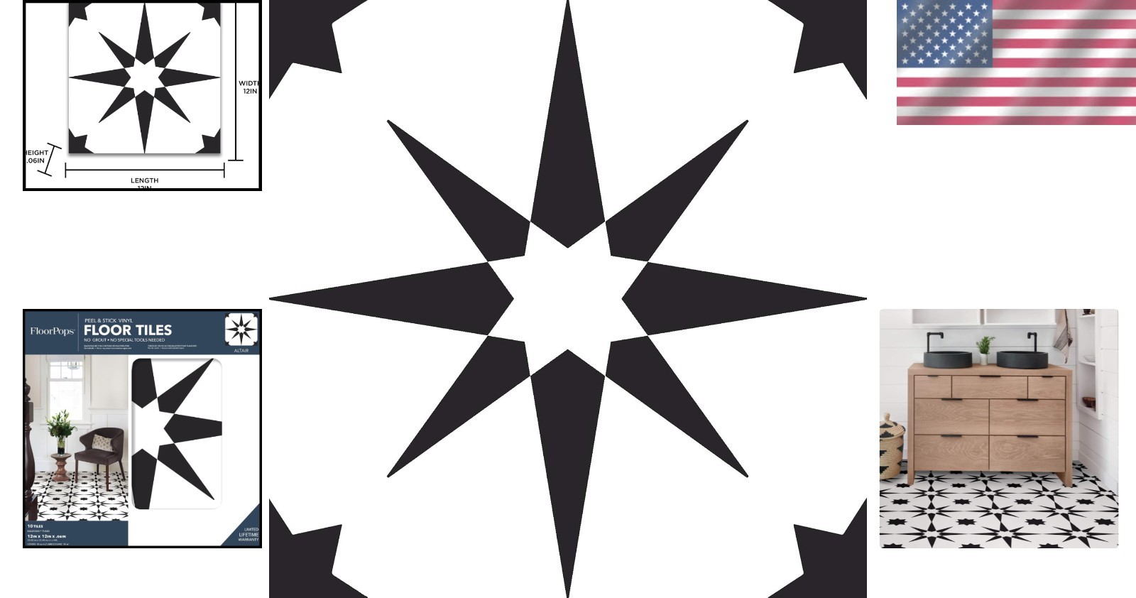 Elegant Black Geometric Floor Tiles – Peel & Stick Vinyl, 12×12 Inches, 10 Tiles