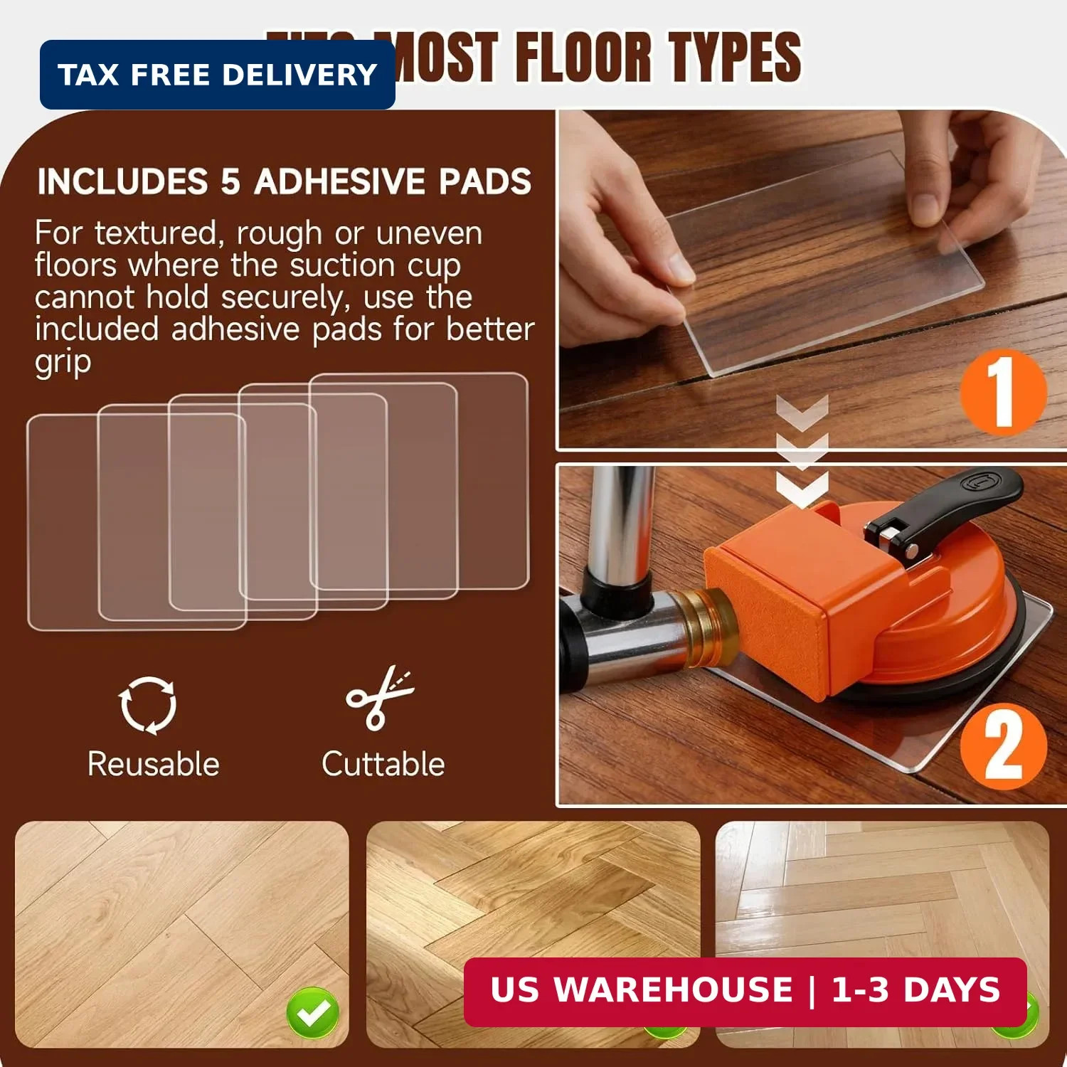 Floor Gap Fixer Tool, Heavy Duty Floor Suction Cup with 5 Non-Slip Pads, Carbon