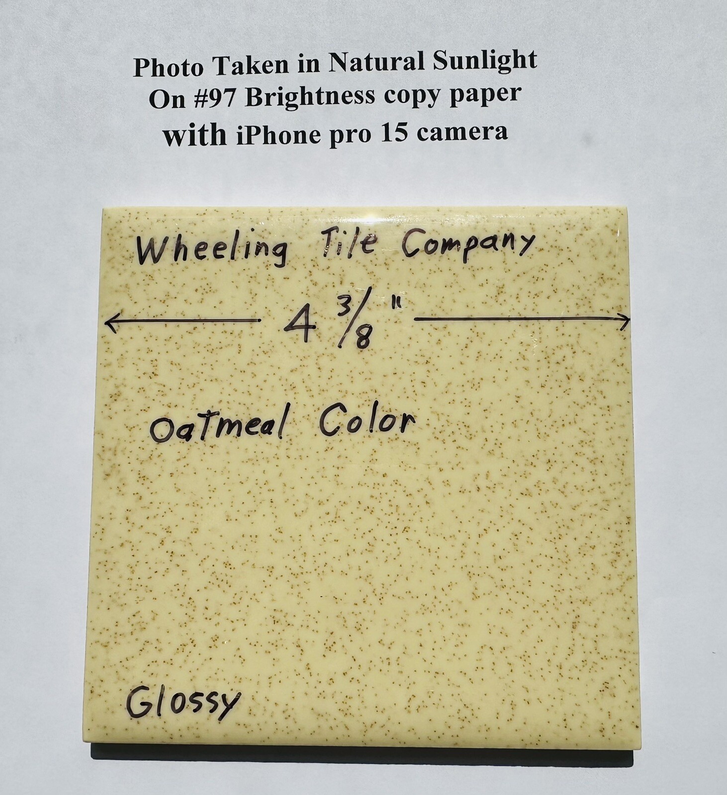 1 pc. Oatmeal 4-3/8″ Gloss Ceramic Tile by Wheeling Co. Speckled Beige-Brown USA