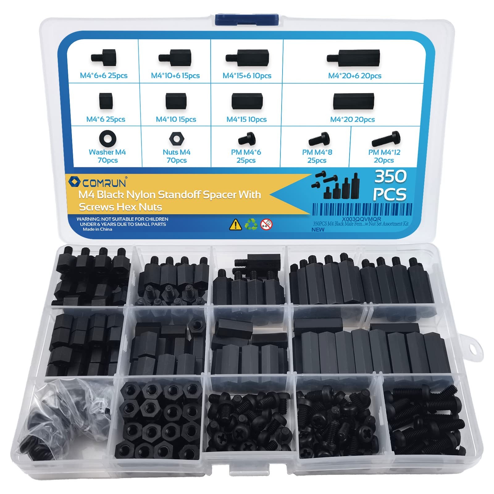 COMRUN 350PCS M2.5 Black Male Female Nylon Hex Spacer 350Pcs M2.5,