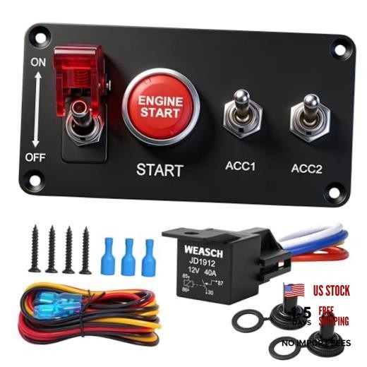 12V Ignition Switch Panel, 4 in 1 with Engine Push Button Toggle Switches,