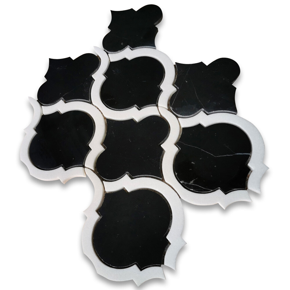 N89AXH Nero Marquina Black Marble Waterjet Arabesque Lantern Tile White Honed