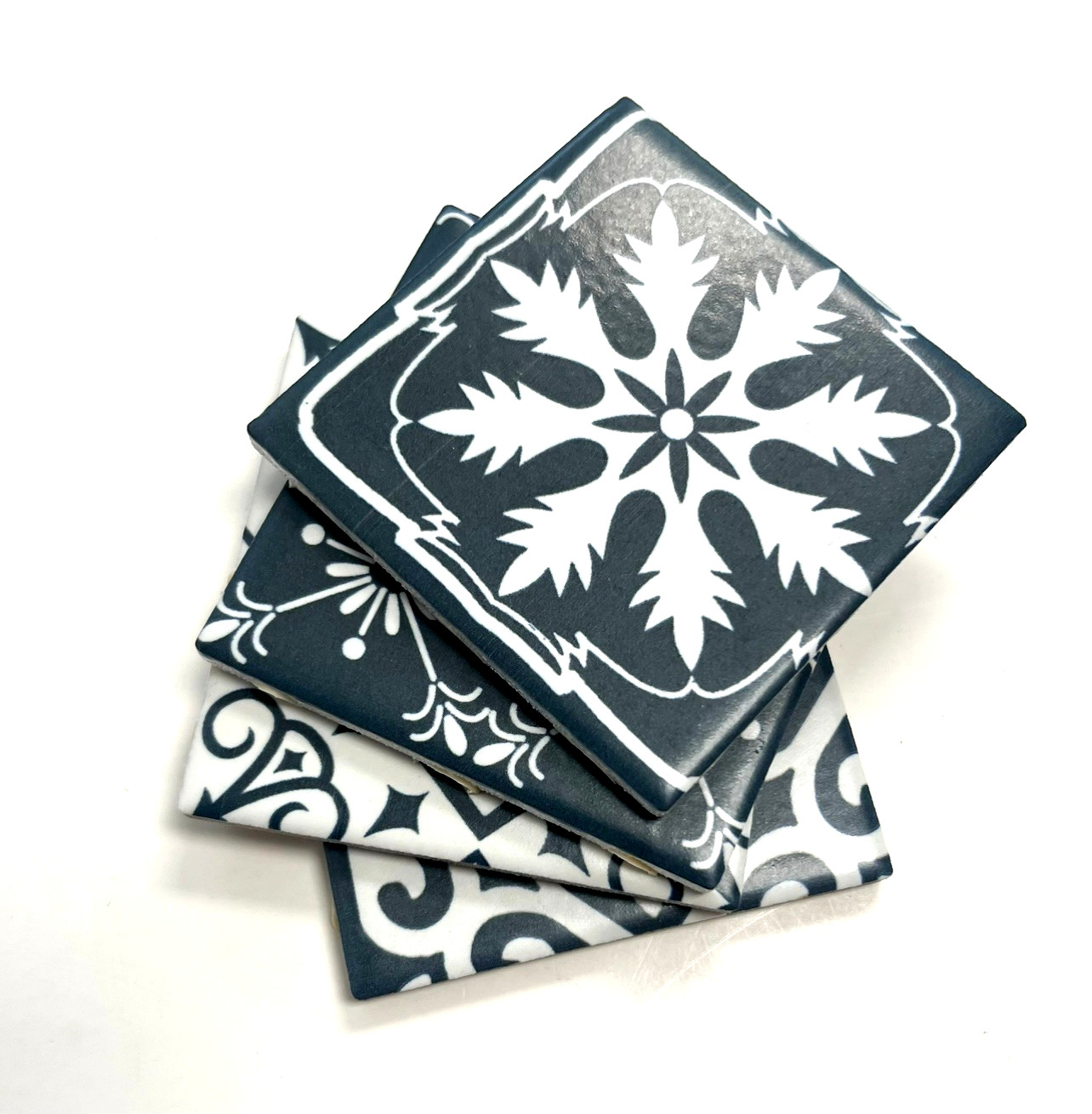 3×3 Whimsical Portuguese Beach Pattern Decorative Porcelain Tiles (Set of 4)