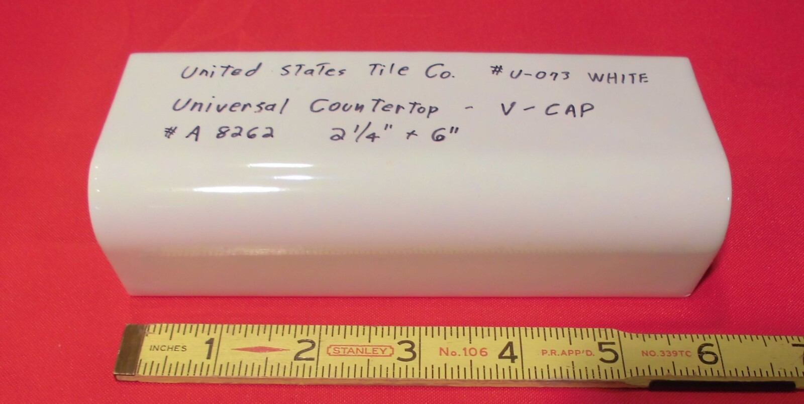 1 pc. Gloss White #U-073: V-Cap Ceramic Trim Countertop Tile: Reversable, U.S.A.