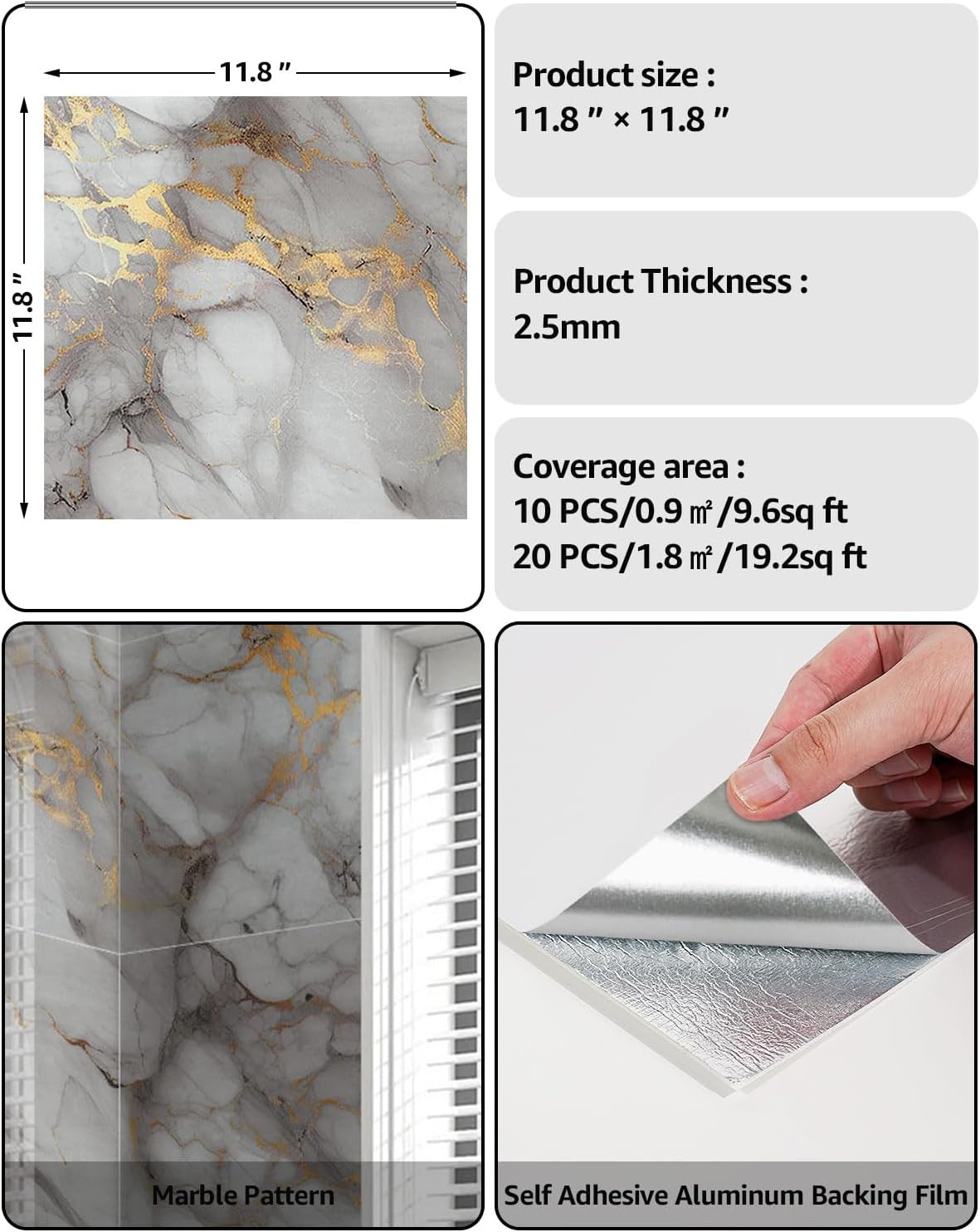20Pcs Waterproof Peel and Stick Marble Wall Tiles, 11.8″X11.8″ Self-Adhesive PVC