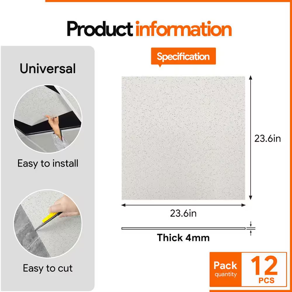 2 X 2 Ft. Smooth Pro White High-Grade PVC Drop Ceiling Tile, Waterproof, Washabl