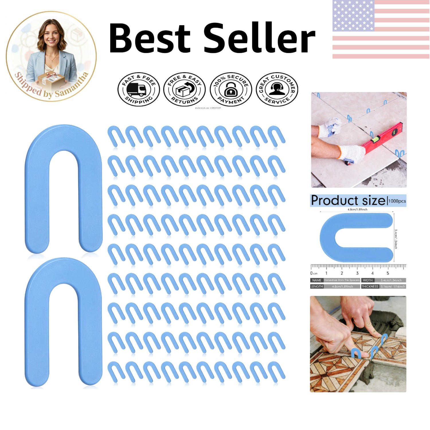 Precision Tile Leveling System – 1000 Blue Horseshoe Spacers, 1/16 Inch Joint