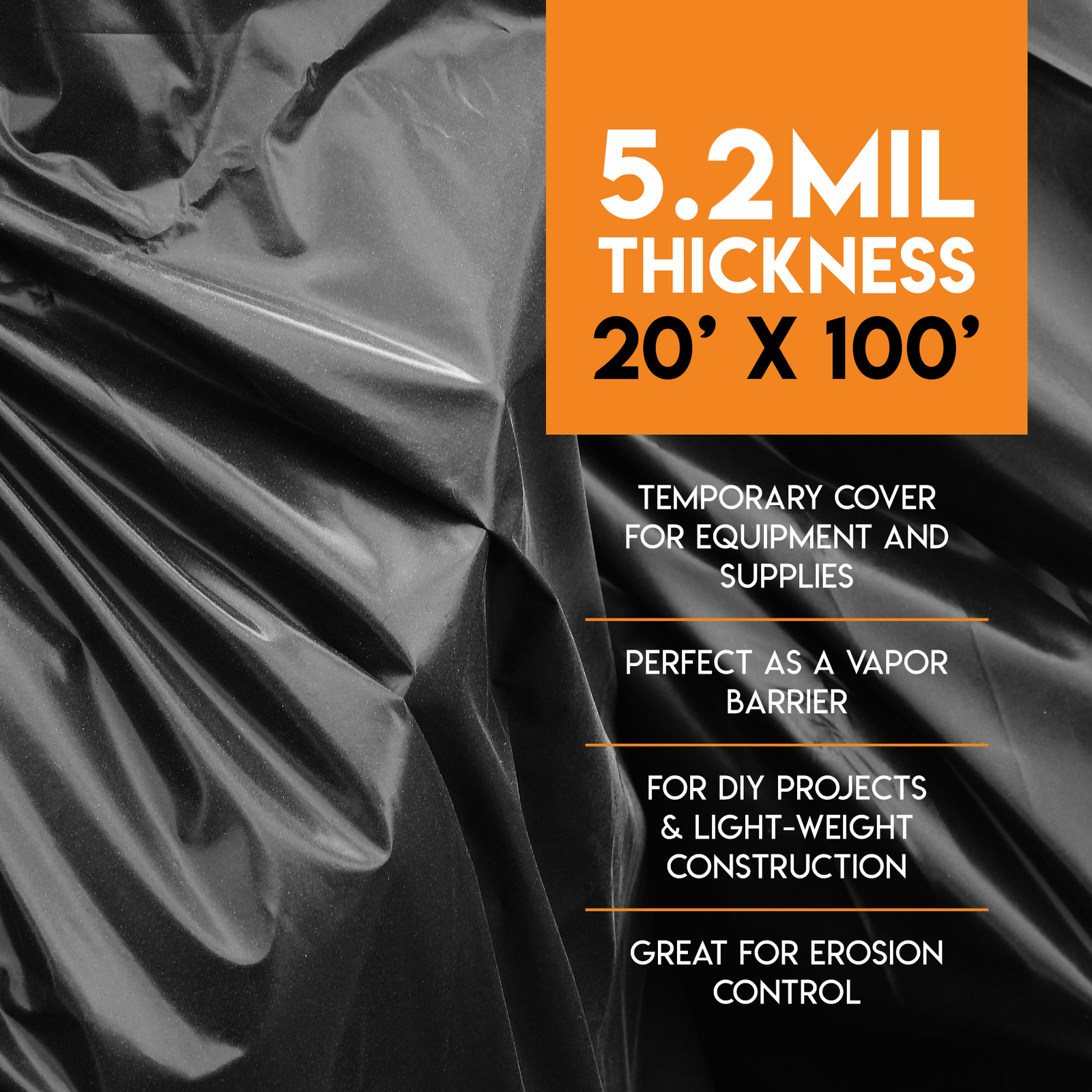 Black Poly Sheeting – 20×100 Feet – Heavy Duty, 5.2 Mil Thick Plastic Tarp