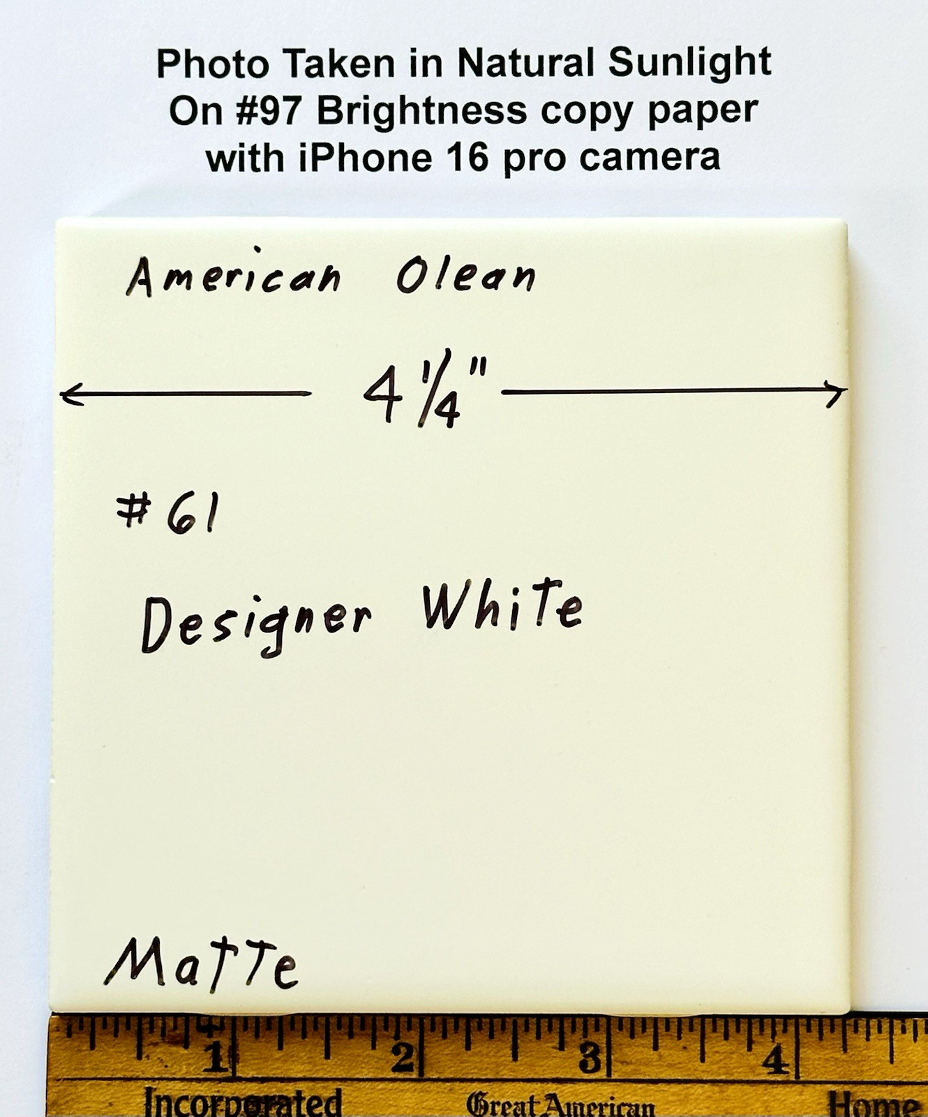 1 pc. Matte Designer White, #61 by American Olean 4-1/4″ Ceramic Tile: NEW STOCK