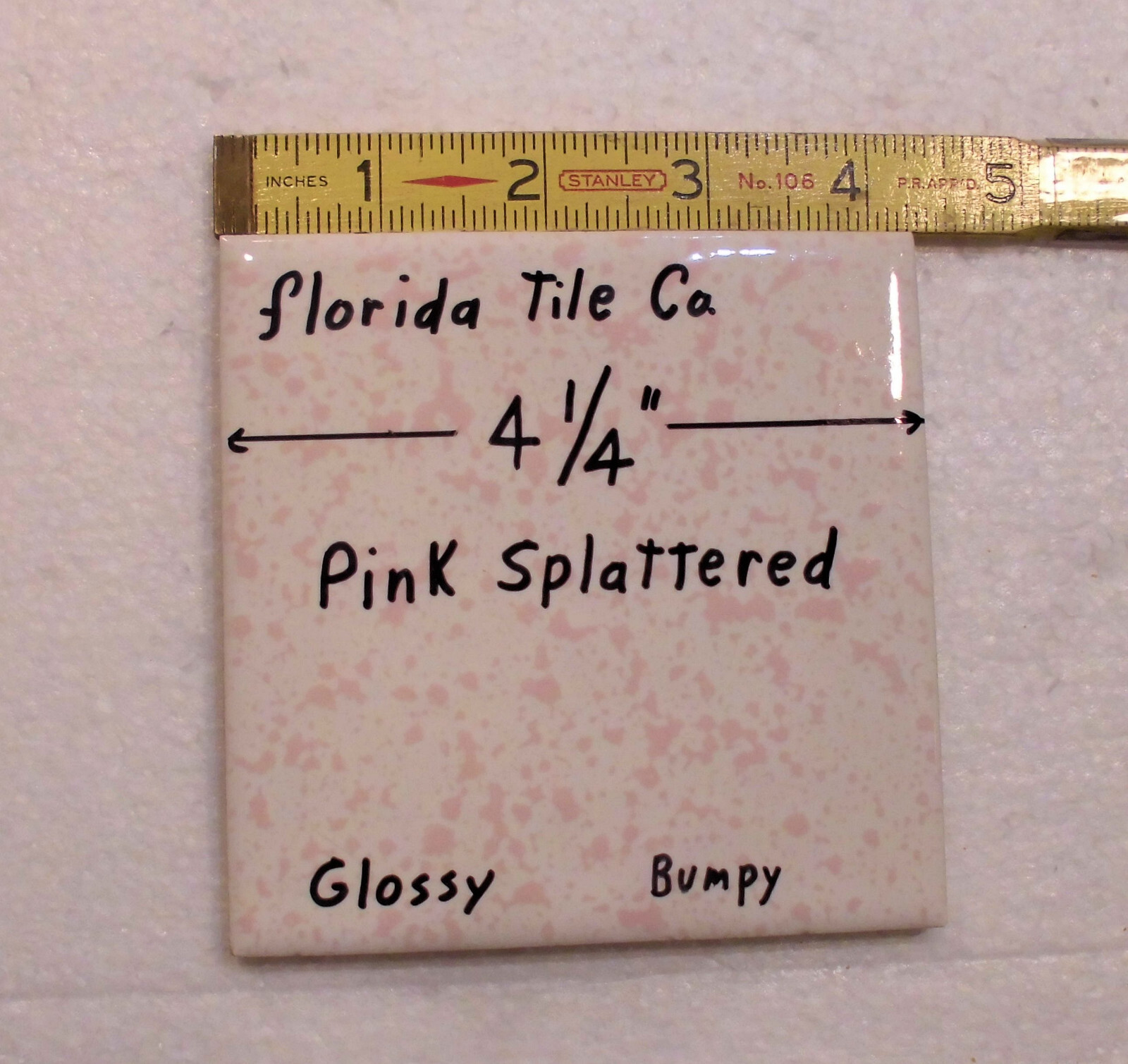 1 pc. “Pink Splattered” 4-1/4″ Glossy Ceramic Tile: Florida Co. Pink on White