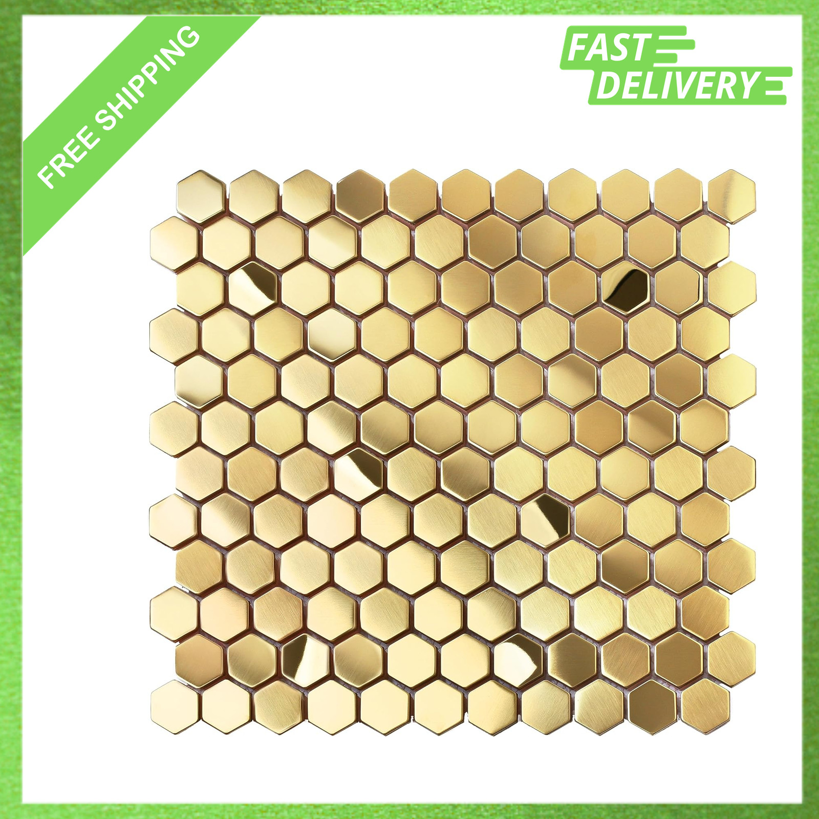 Hexagon Gold Backsplash Tile, Mosaic Sheets 12 Inch Mesh Mounted Brushed Shiny