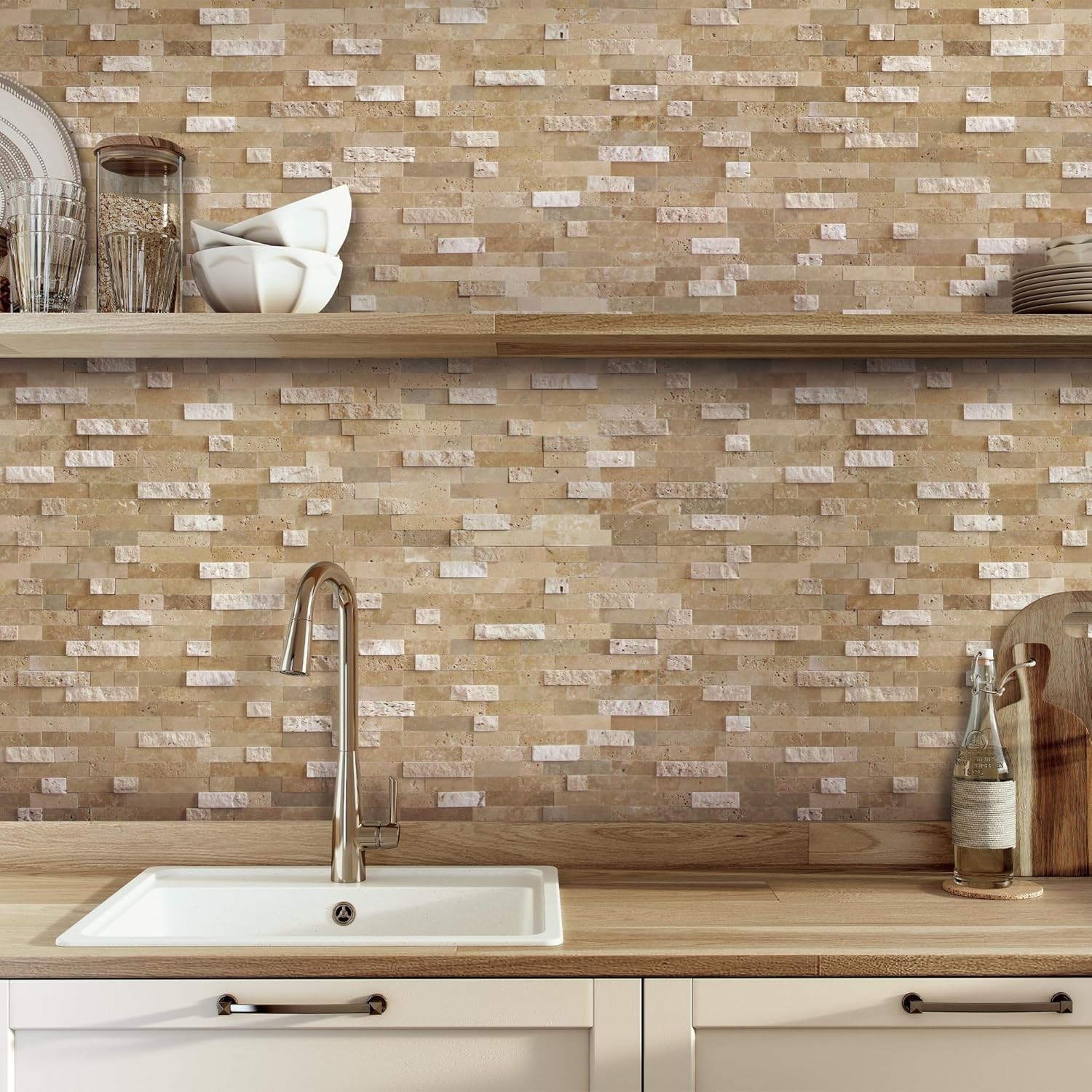 Natural Stone Mosaic Tiles Peel Stick 3D Beige Kitchen Backsplash Heat Resistant
