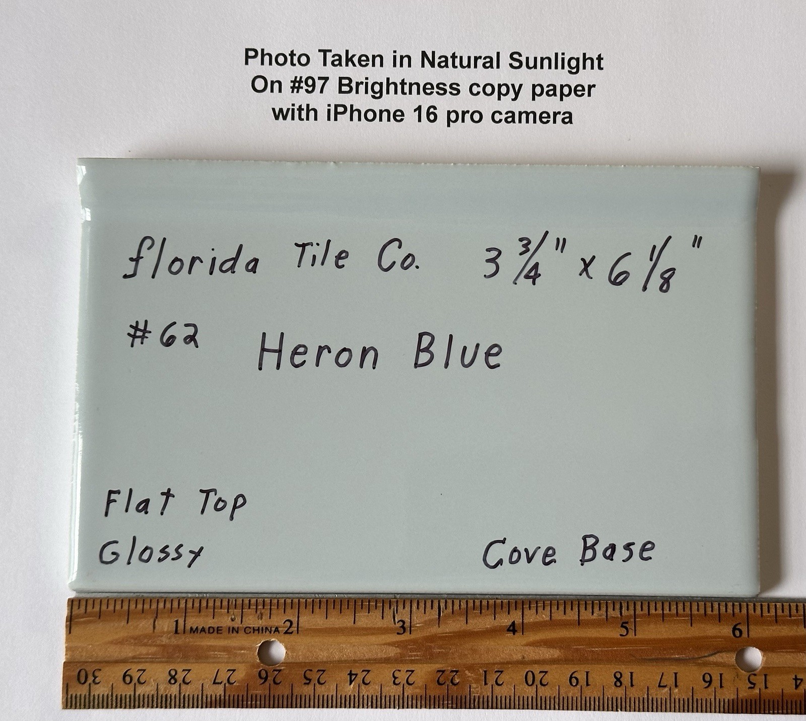 1 pc. Heron Blue: 3-3/4″ X 6-1/8″ Ceramic Cove Base Tile, florida Co. Flat Top