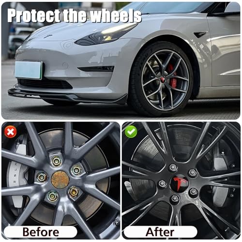 4 PCS Wheel Center Hub Cap Sticker for Model 3 / Model Y, Glossy Black & Red