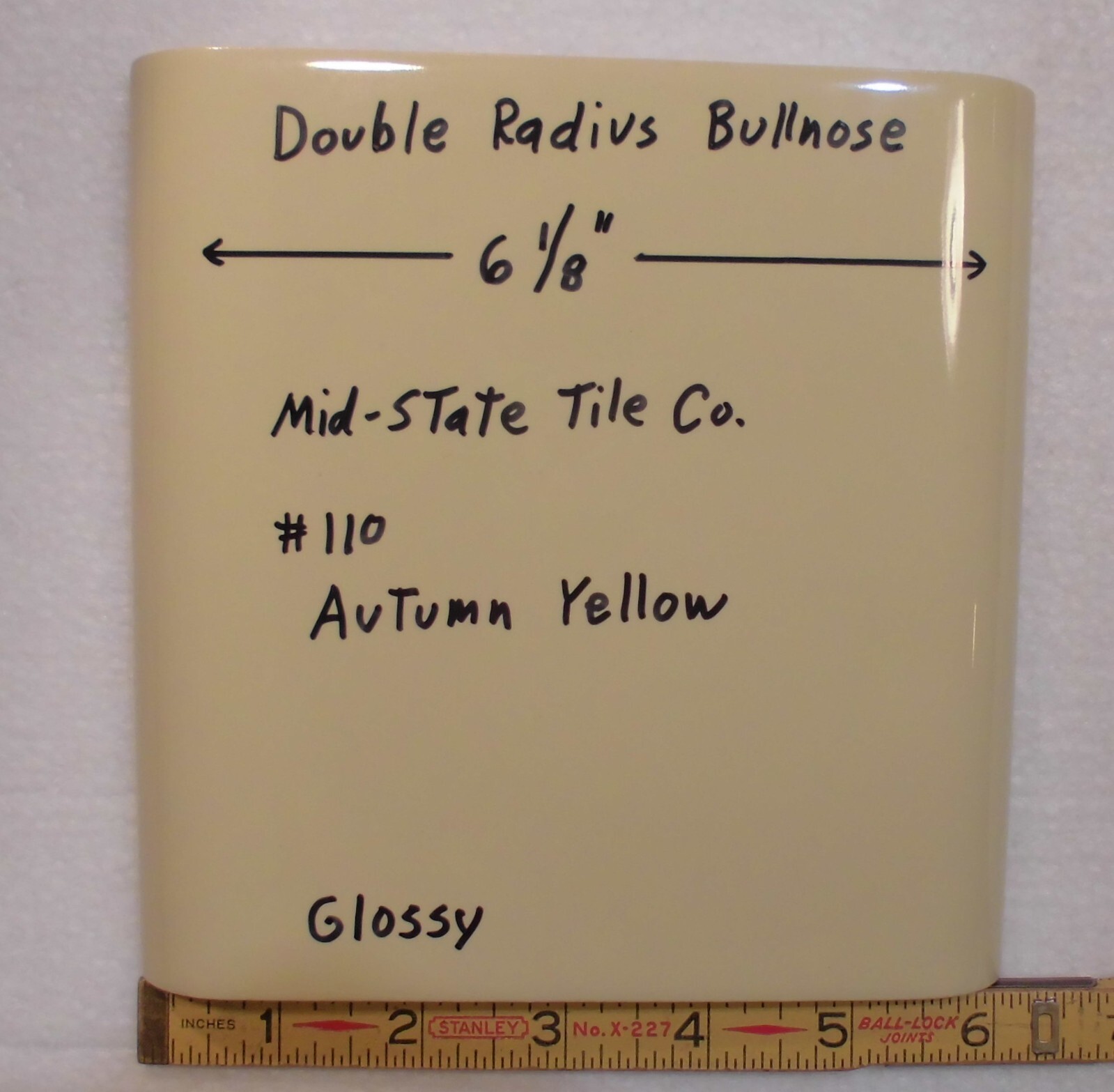 1 pc. Autumn Yellow 6″ x 6″ Double Radius Bullnose Glossy Ceramic Tile: NOS