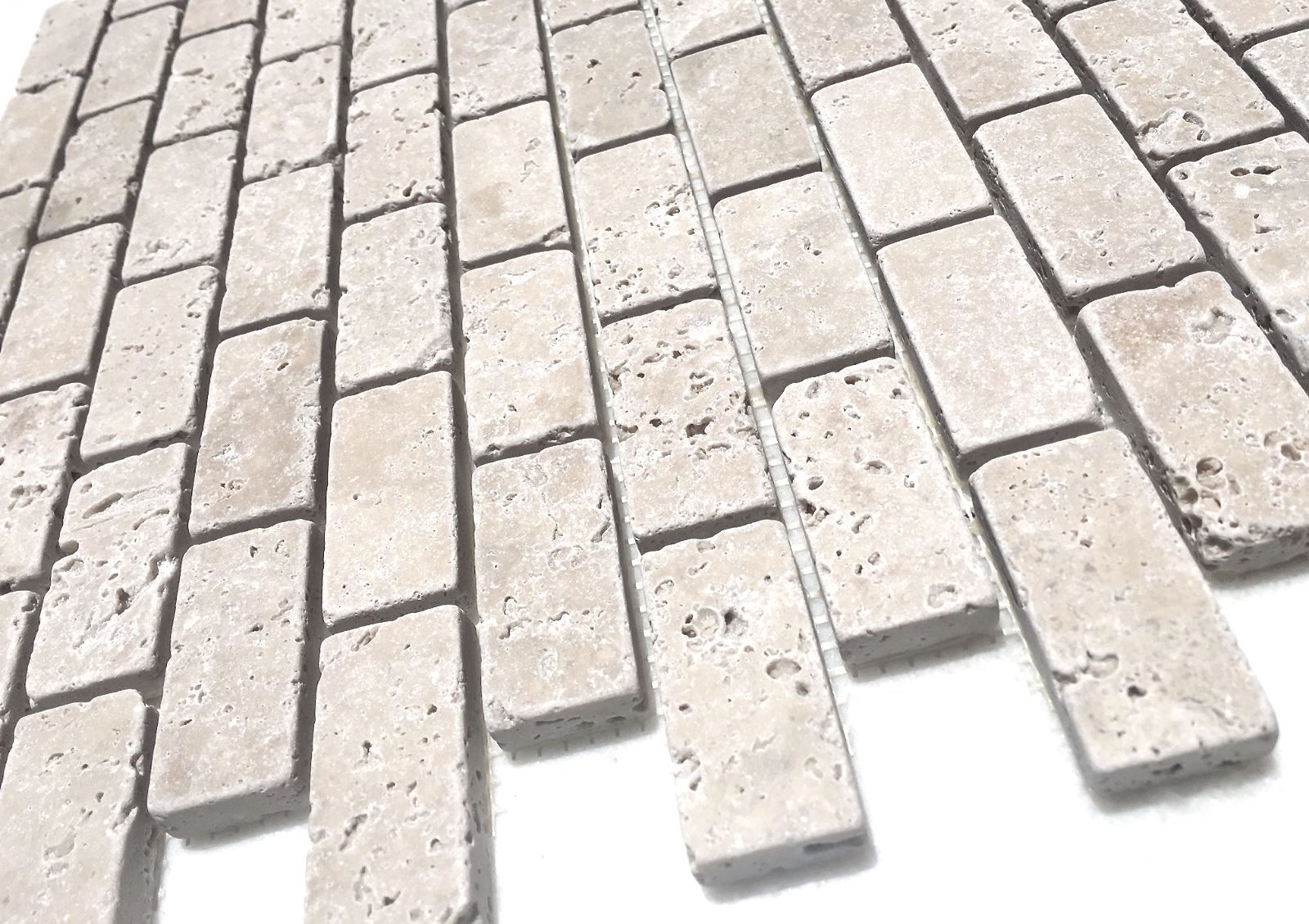 Light 1×2 Tumbled Mosaic Travertine Tile Wall and Floor Backsplash Bathroom