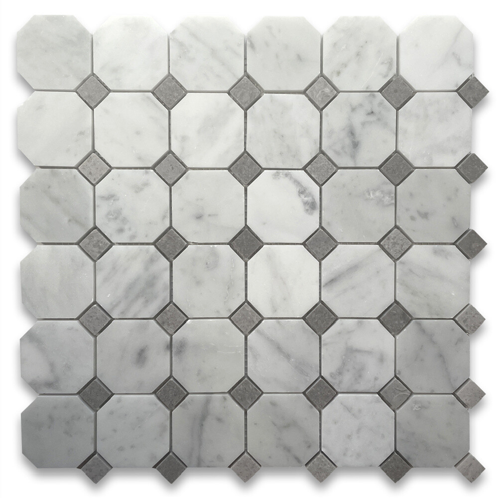 C803XH Octagon Mosaic Carrara Marble White Bianco Tile Gray Dots Honed 2″