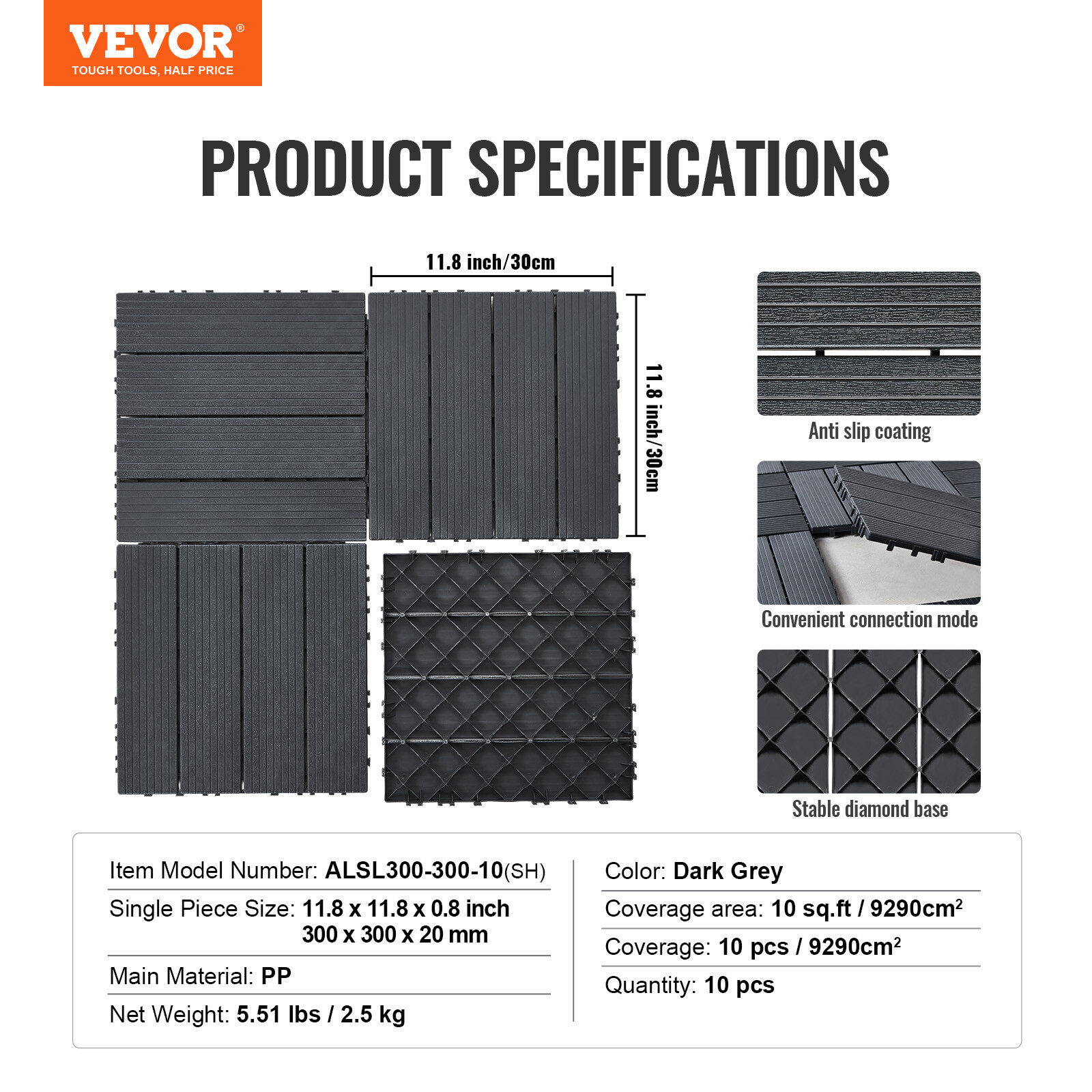 VEVOR Interlocking Deck Tiles 10 Pack 12″x12″ Plastic for Porch Dark Grey