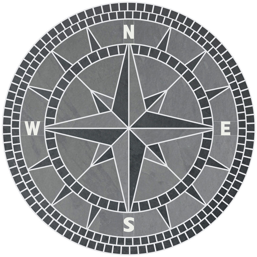 96″ Handcrafted Slate Tile Classic Compass Rose Mosaic Medallion Black & Gray