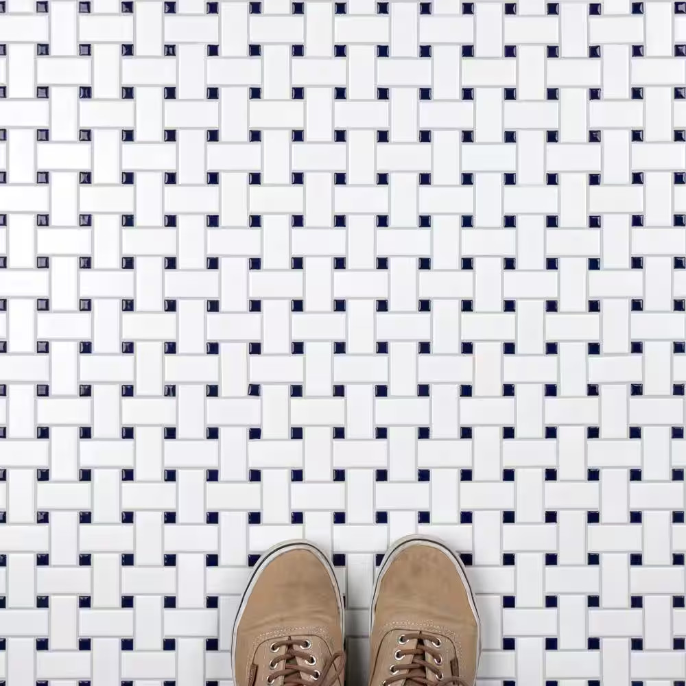 Metro Basketweave White with Glossy Cobalt Dot 11-3/4 In. X 11-3/4 In. Porcel…