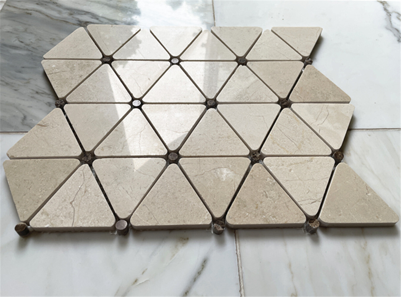 M854P Crema Marfil Marble Triangle Mosaic Tile Emperador Dark Dots Polished