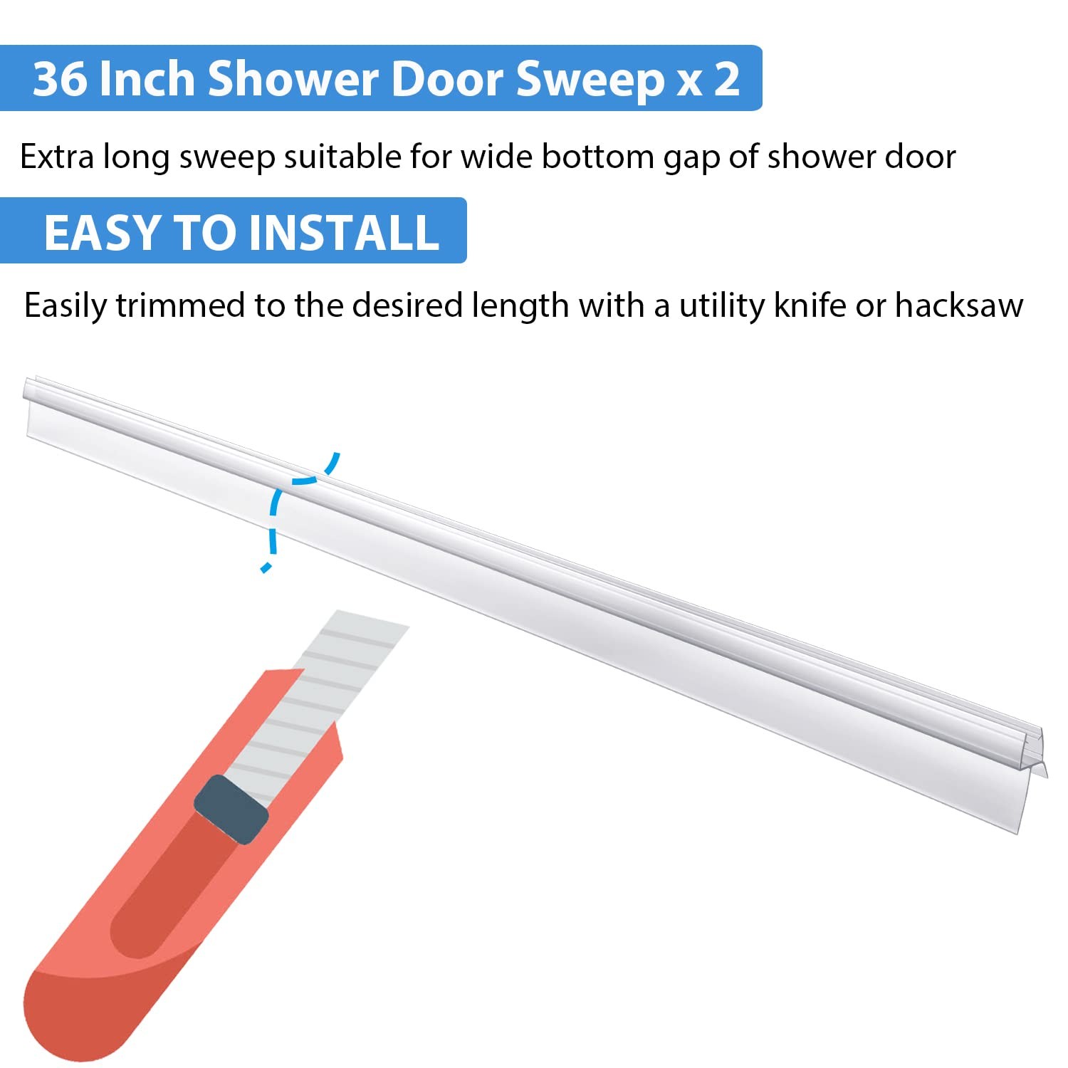 2-Pack Butecare Frameless Shower Door Bottom Seal Ex sweep -5/16”, Clear