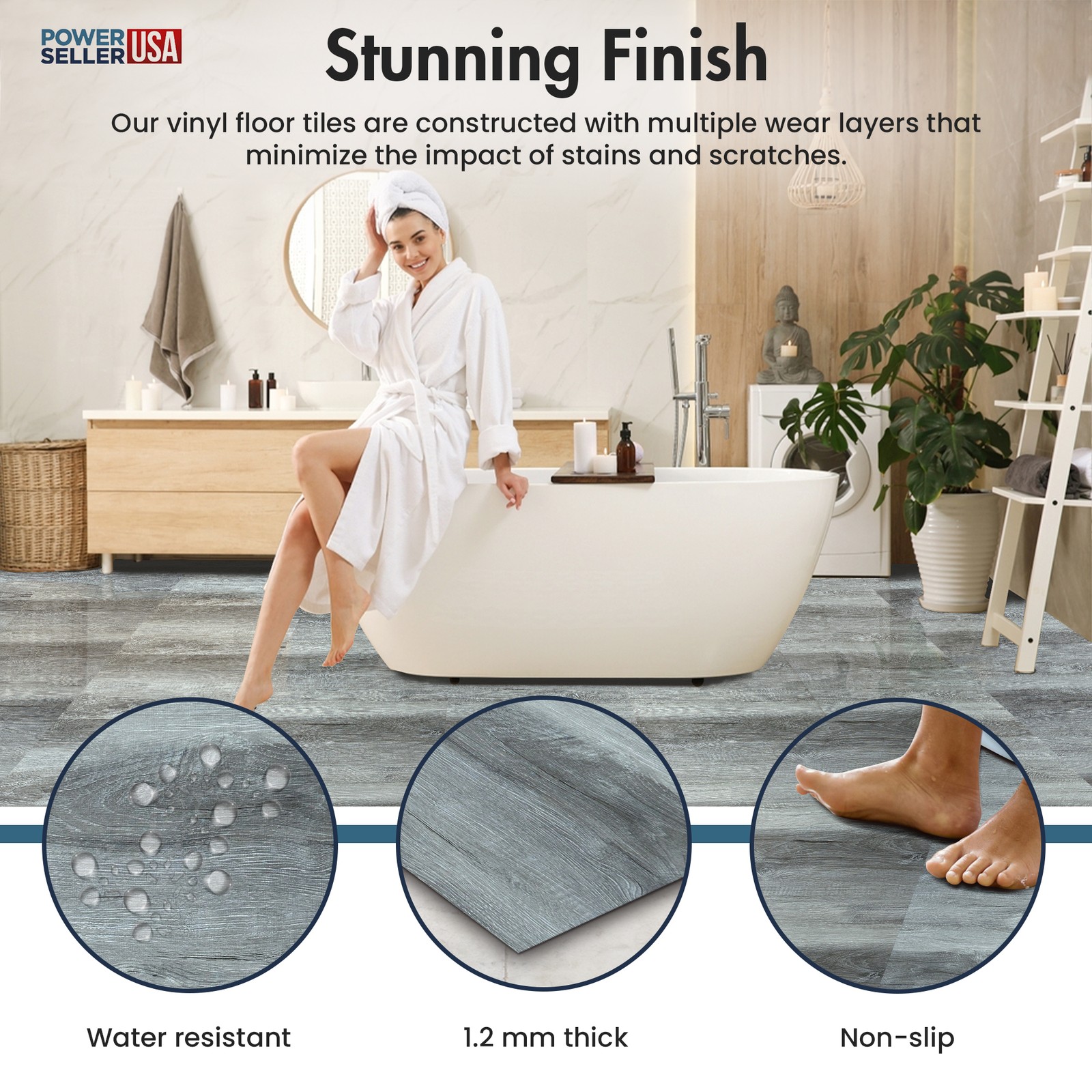 PowerSellerUSA Vinyl Self Adhesive Square Floor Tiles 20 PCS 12″ x 12″, Gray
