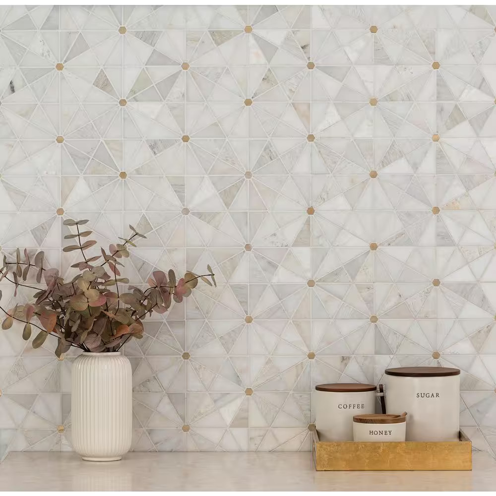 Elegante White Pinwheel 11 In. X 12 In. Stone/Metal Mesh Mounted Mosaic Floor an