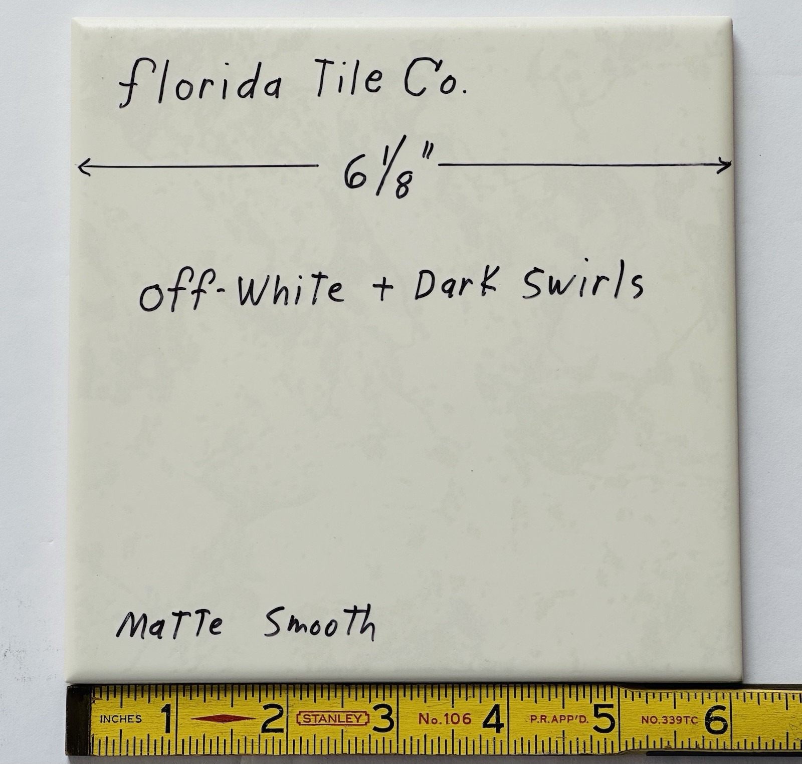 1 pc. Off-White + Dark Swirls: 6-1/8″ Square, Matte Ceramic Tile by Florida, NEW
