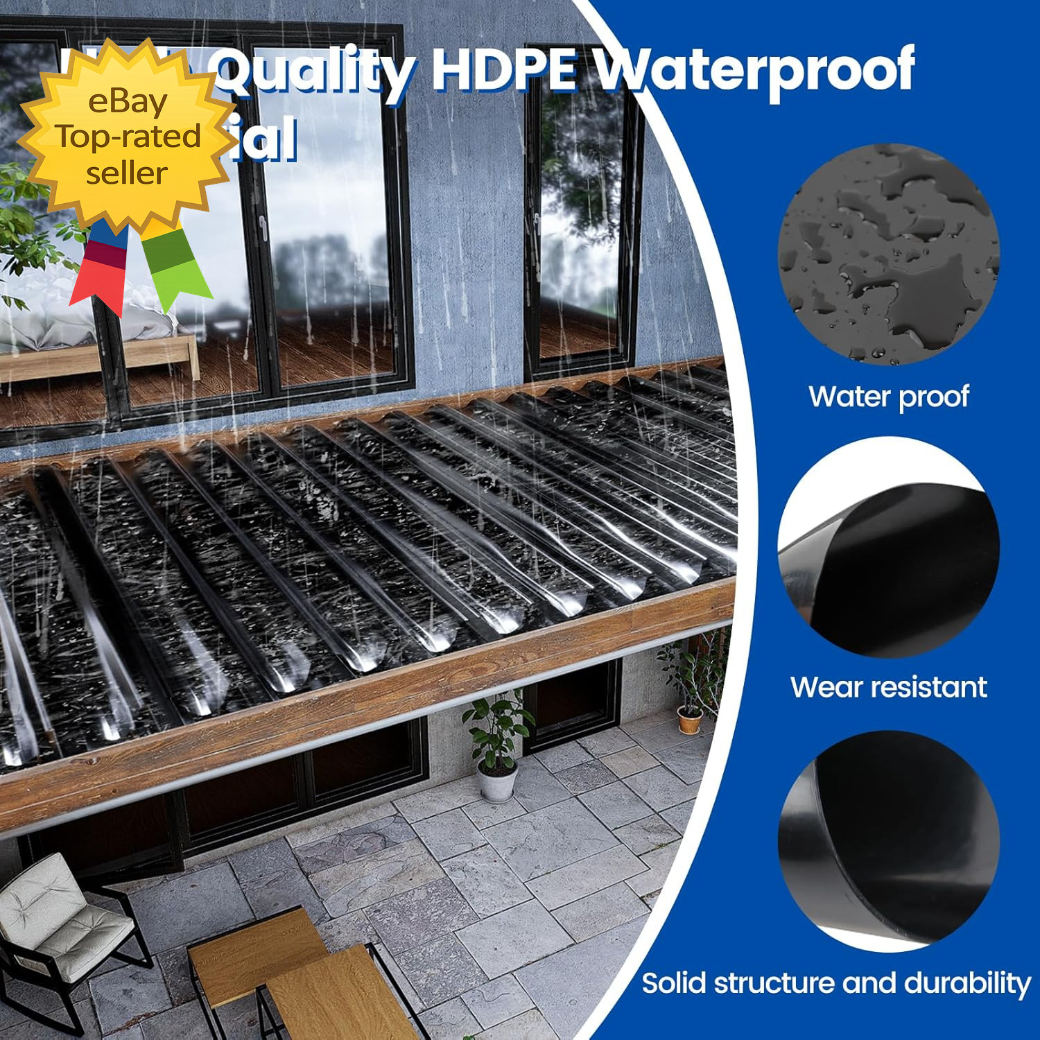 50FT Under Deck Drainage System Black HDPE Waterproof Membrane 12 Inch Joist