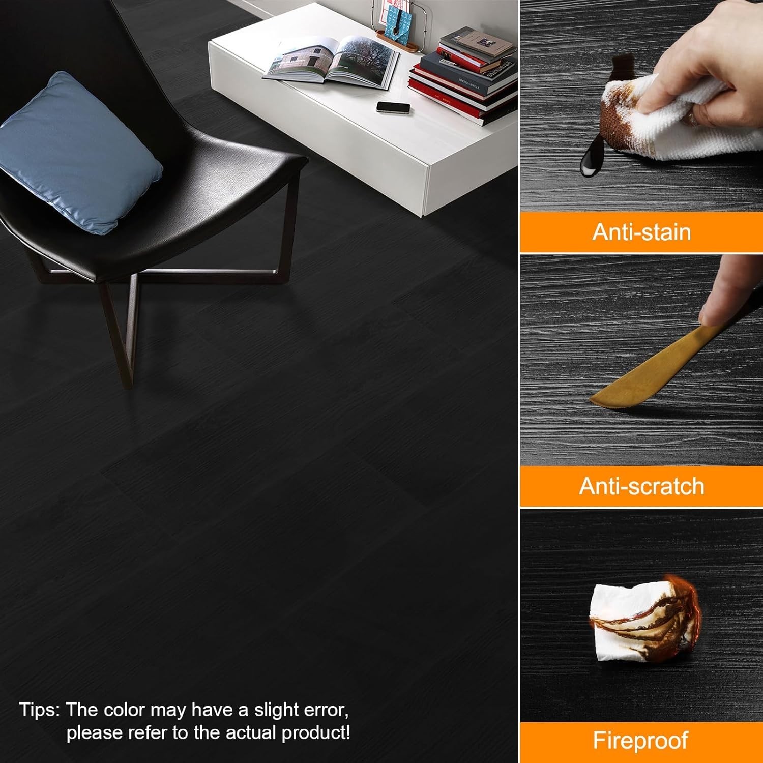 36-Pack Peel and Stick Black Vinyl Floor Tiles for Home Decor, 54 Sq.Ft.