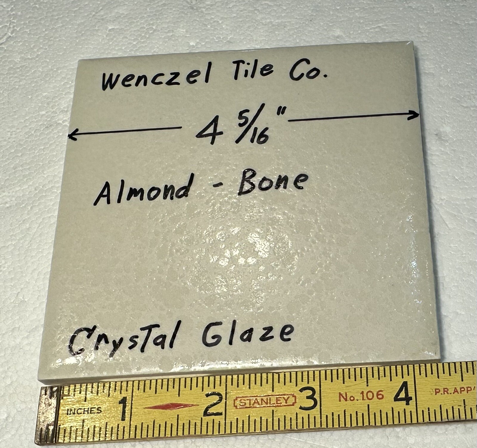 1 pc. *Almond – Bone* Crystal Glaze; Ceramic Tile by Wenczel Co. 4-5/16″ NOS