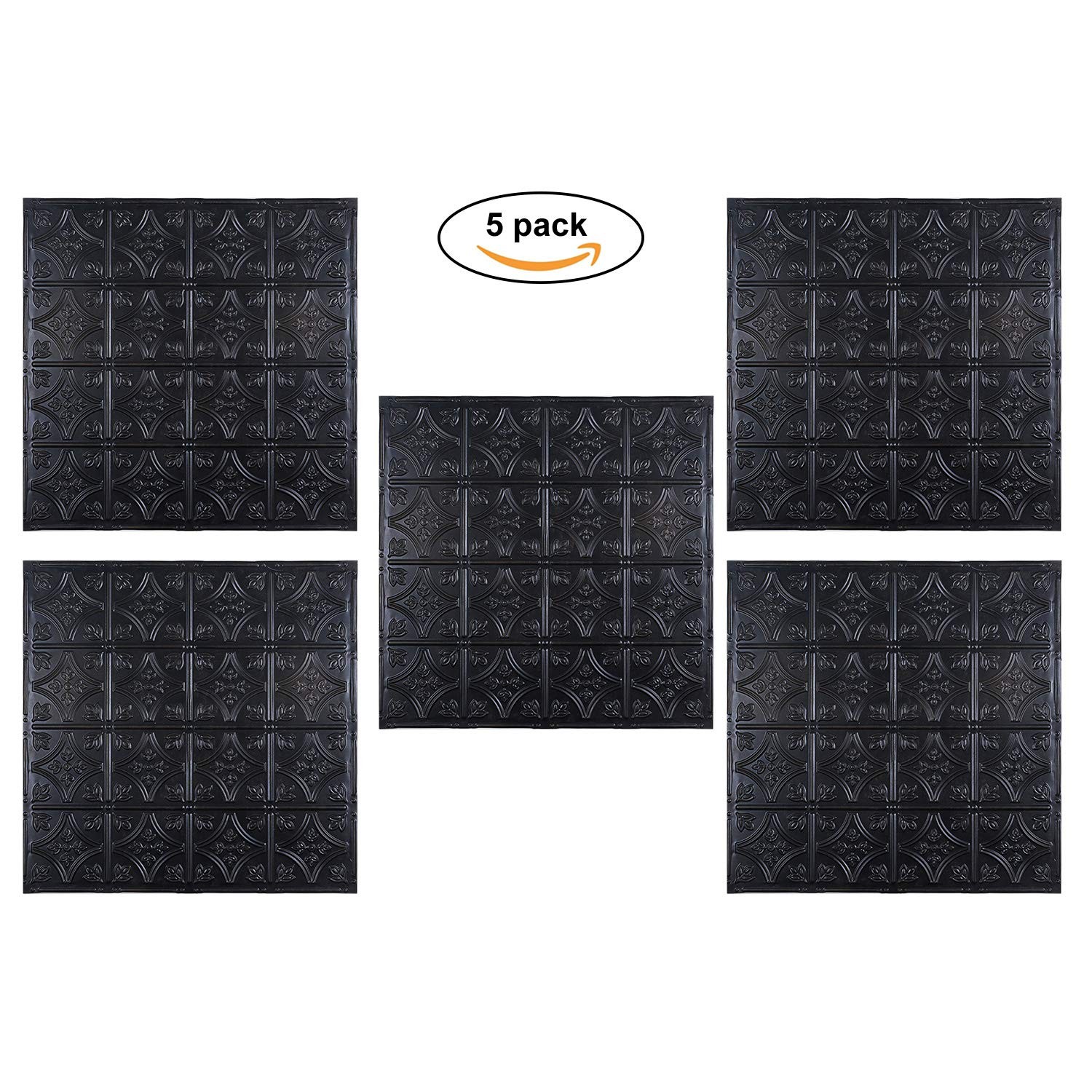 Tin Wall Tiles 24×24 Nail-Up, Stair Risers, Metal Ceiling Tiles, 5 Pack (Black)
