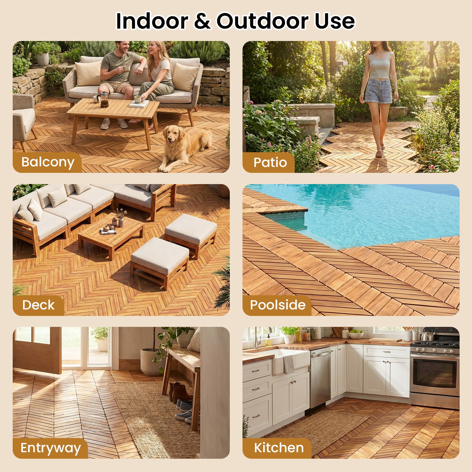 Acacia Wood Interlocking Deck Tiles 30 PCS Waterproof Flooring TilesNatural